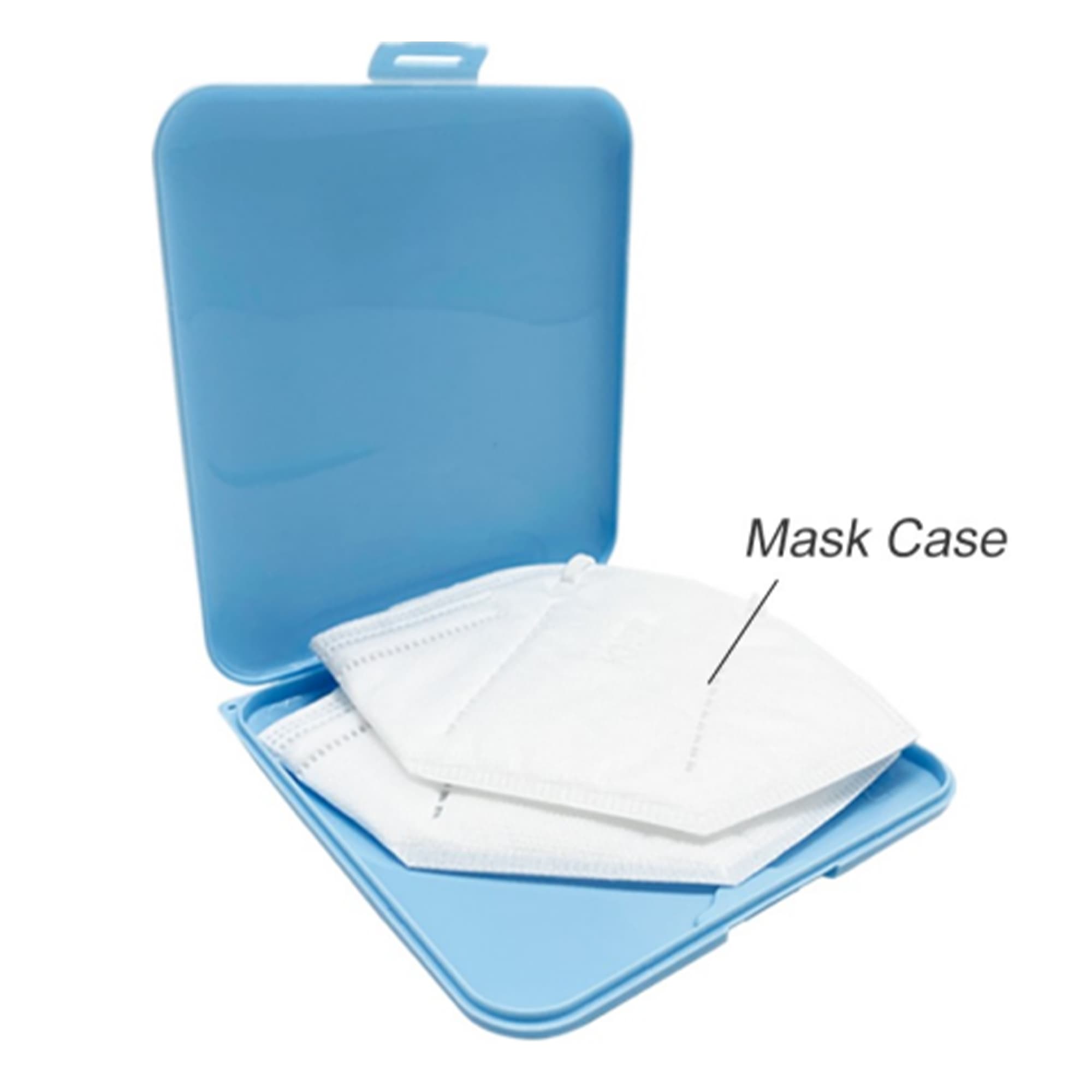 A blue mask box containing multiple face masks inside. The box has a hinge and a secure closure. Mask Box - Image 1