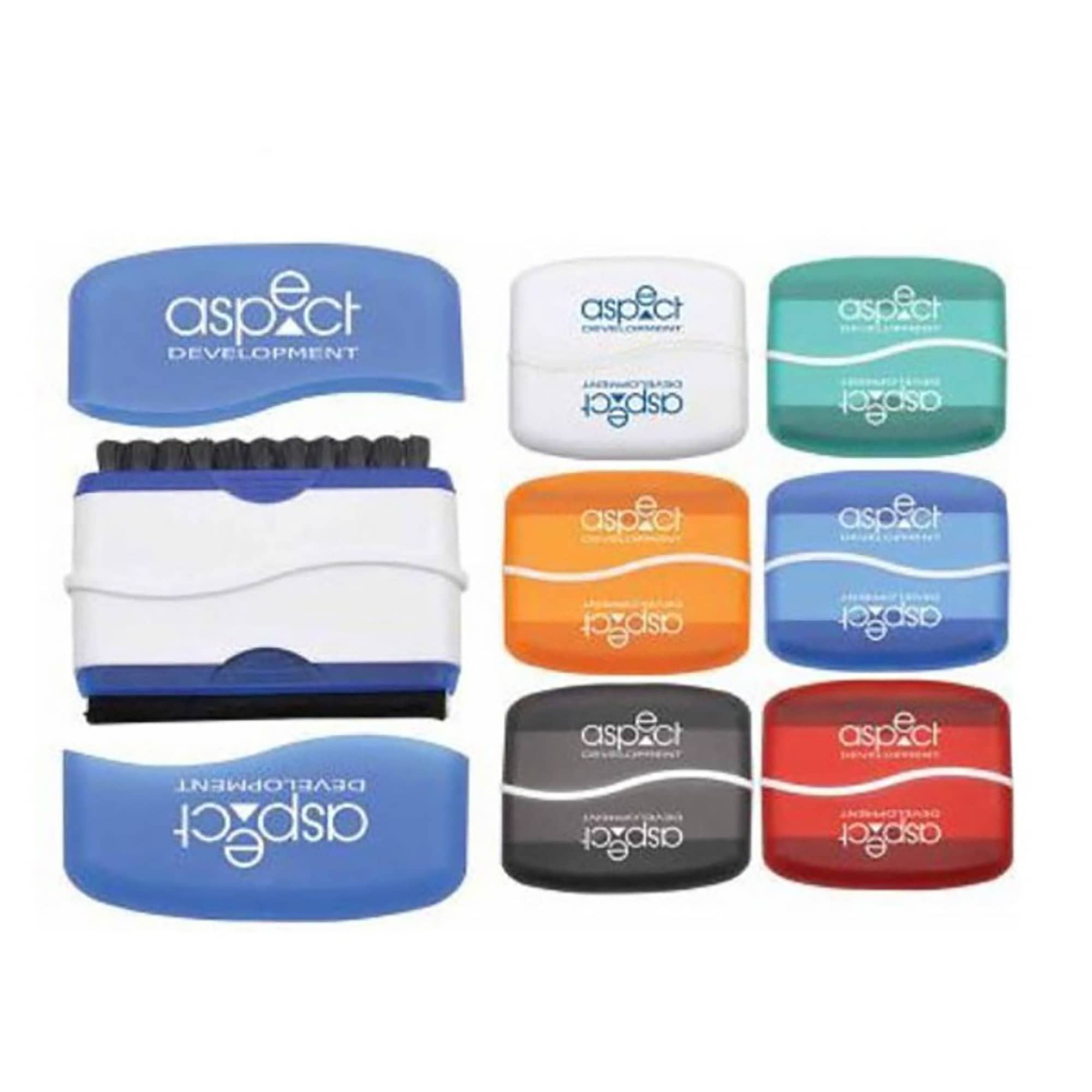 A variety of computer brushes in blue, red, orange, black, and white, featuring a logo on the blue brushes. Computer Brush - Image 1