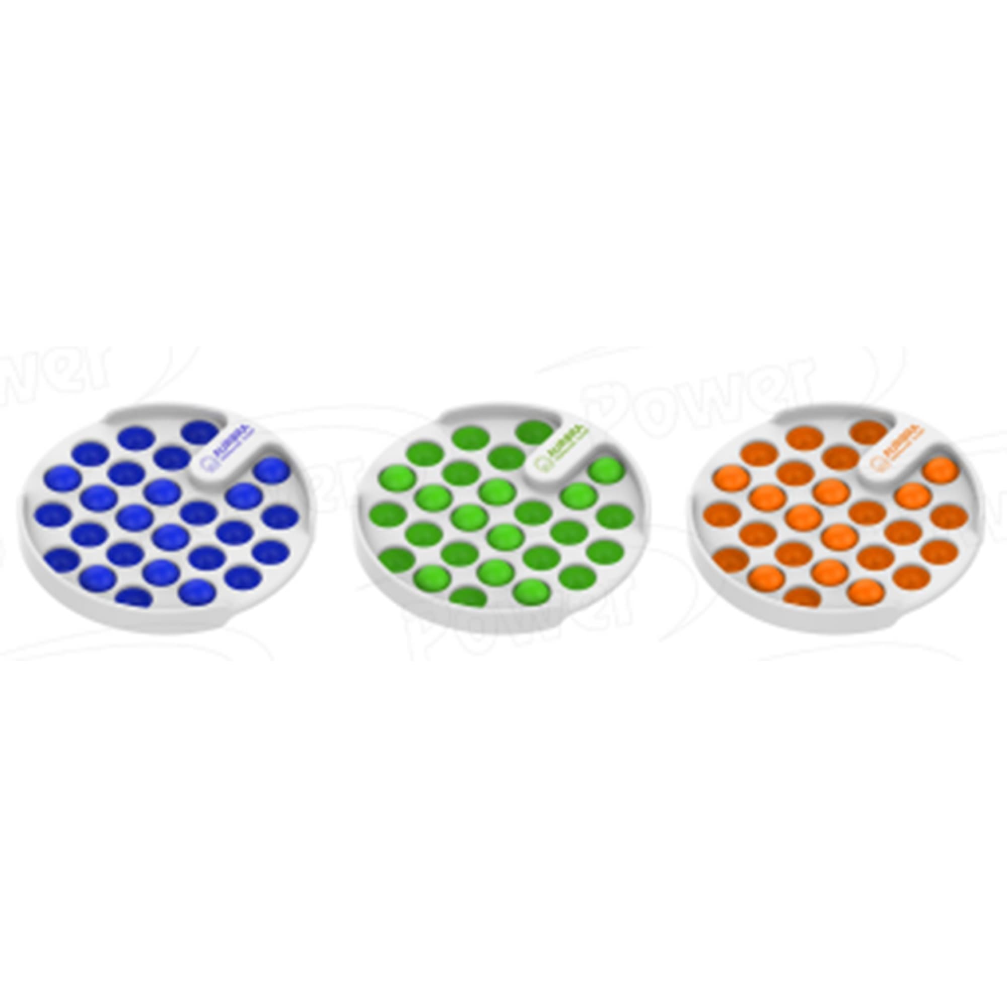 Three circular novelty bubble poppers in blue, green, and orange, each with a white rim and branding. Pop Push Bubble - Image 1