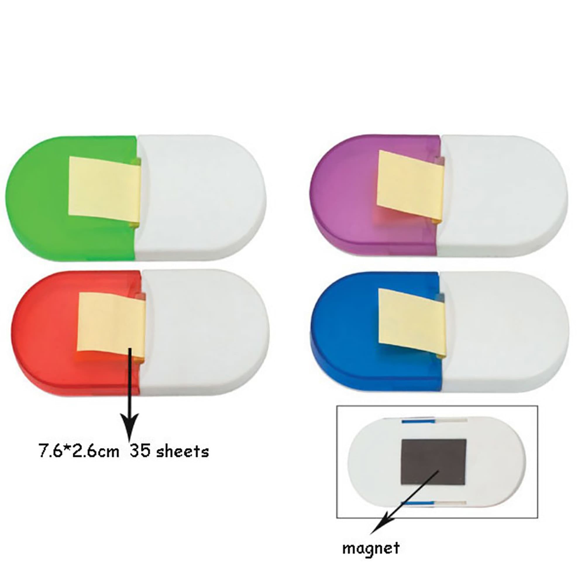 A memo pad holder with magnet featuring red, green, purple, and blue options, each with sticky note sheets. Memo Pad Holder with Magnet - Image 1