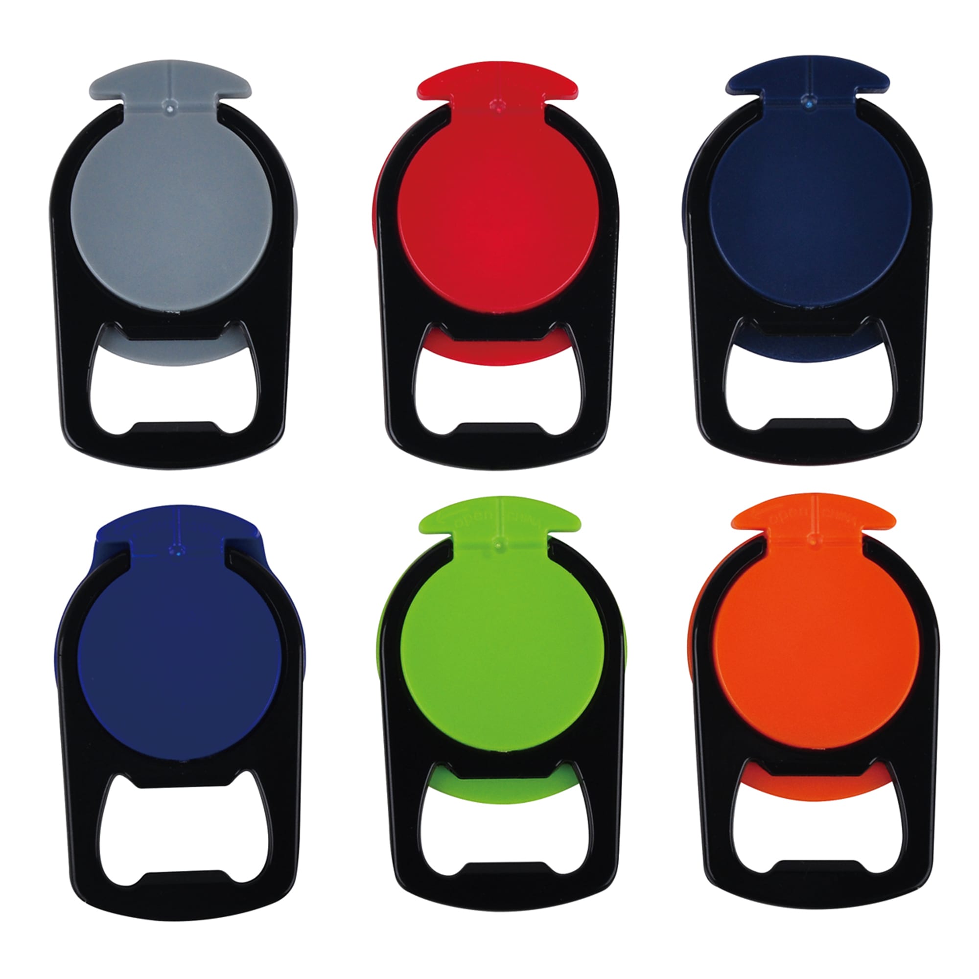 A set of six mobile stands in grey, red, navy, green, blue, and orange, featuring black holders with logos. Mobile Stand - Image 1