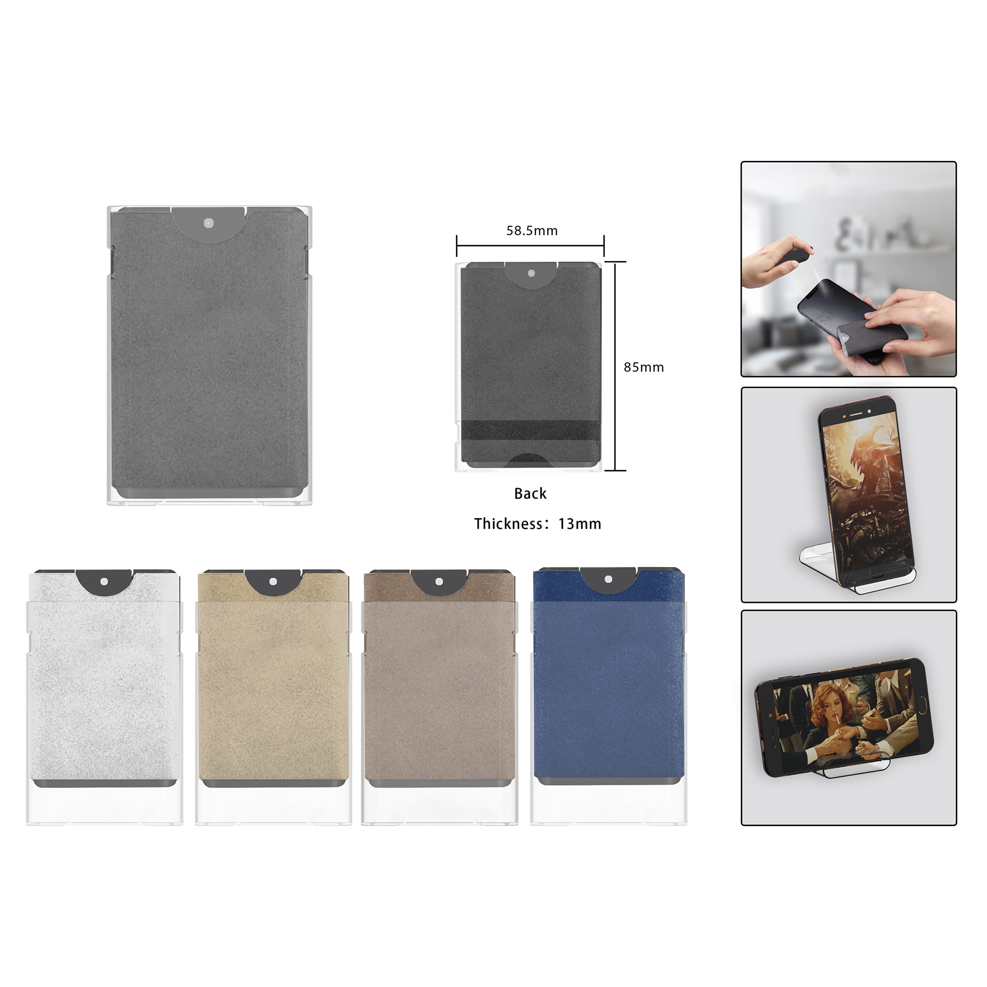 A multi-coloured screen cleaner and mobile holder with a sleek design and a branding logo visible. Screen Cleaner And Mobile Holder - Image 1