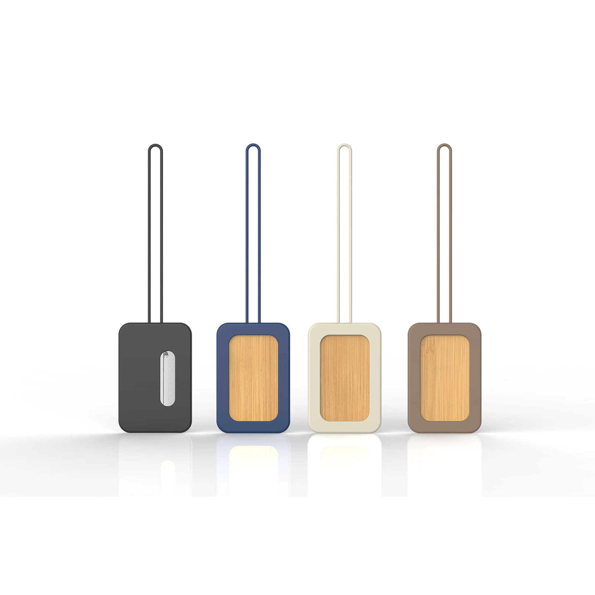 A set of four luggage tags in black, navy, cream, and brown with a wooden panel and built-in loops. Each tag has a logo. Luggage Tag - Image 1
