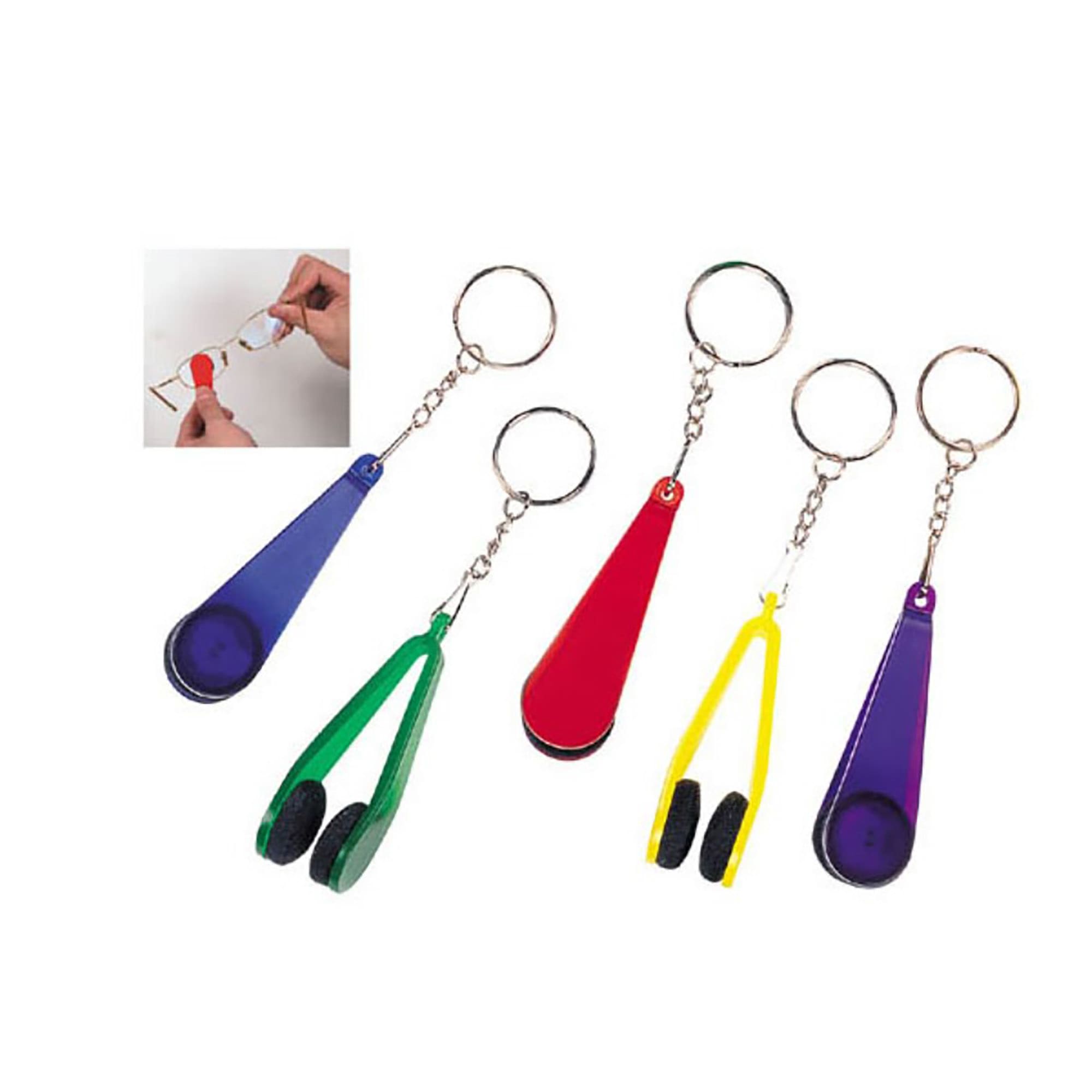A set of five keychain glasses cleaners in purple, green, red, and yellow. Each cleaner has a unique shape and design. Glasses Cleaner - Image 1