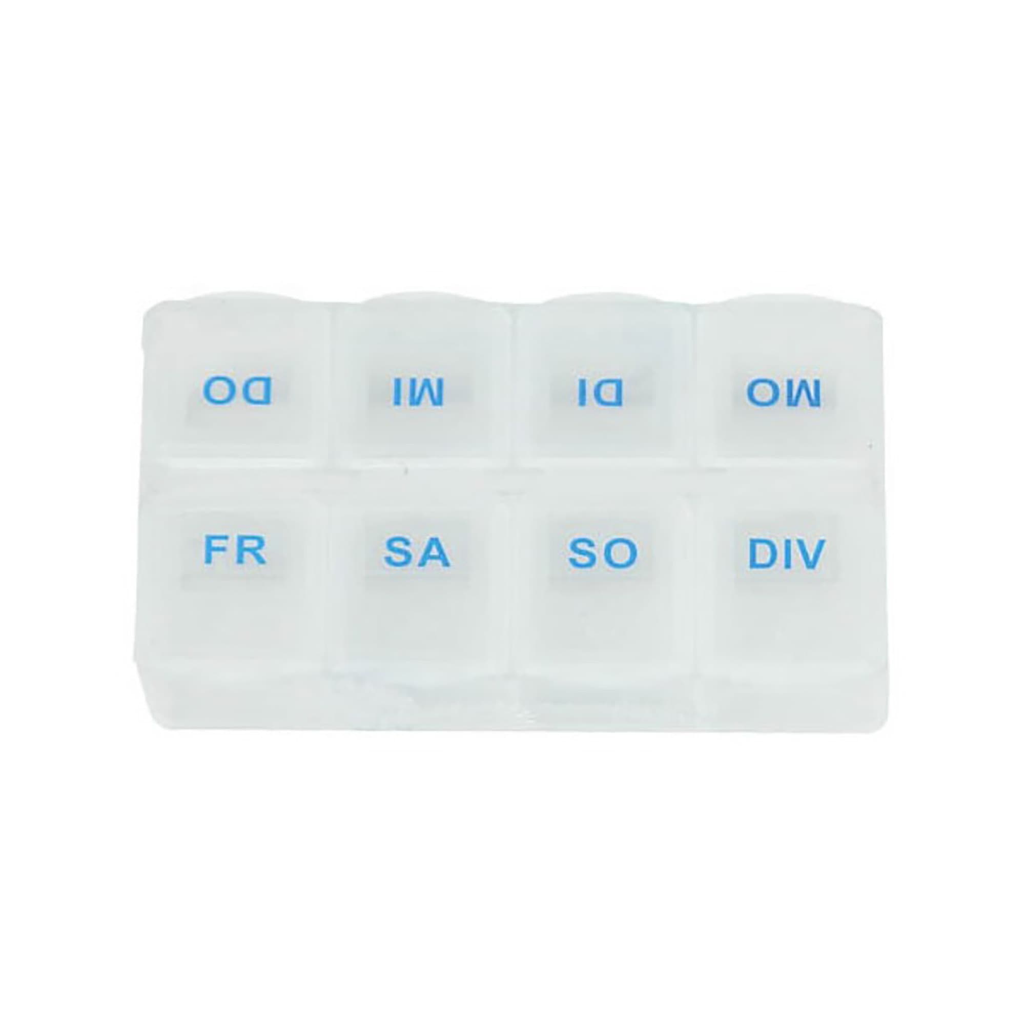 A white pill box with blue lettering, featuring compartments labelled for each day of the week and a division section. Pill Box - Image 1