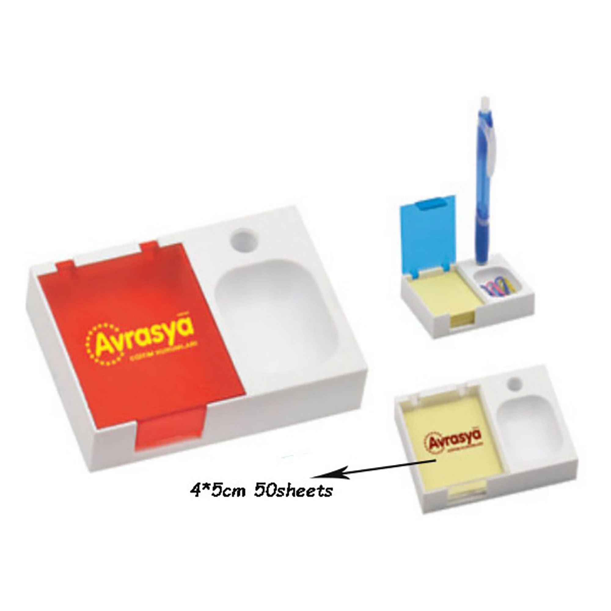 A pen holder with a blue pen, sticky notes, paper clips, and a red section for branding. It's white with multiple compartments. Pen Holder with Sticker - Image 1