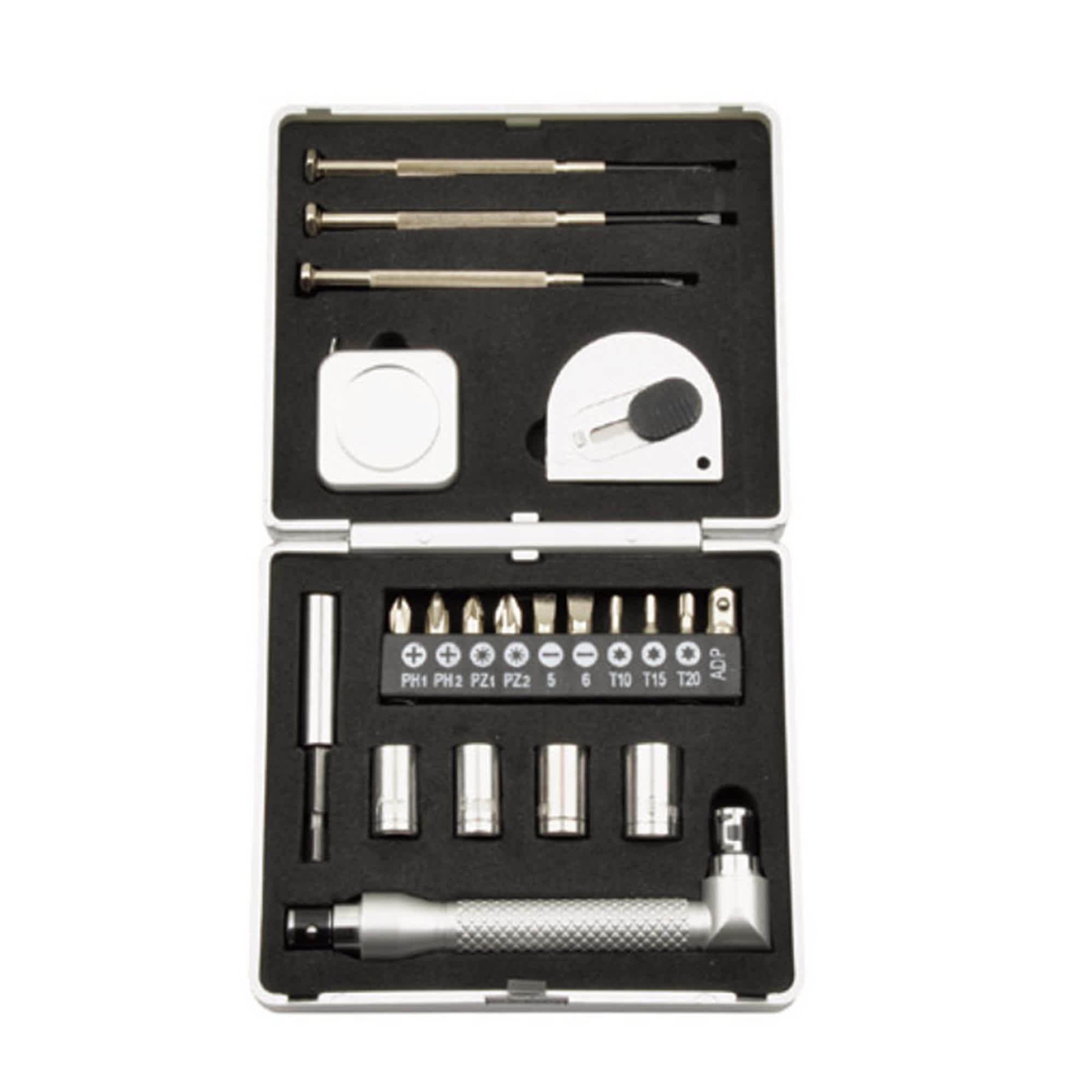 A compact tool set in a grey case featuring various screwdrivers, sockets, and accessories. Includes a logo. Tool Set - Image 1