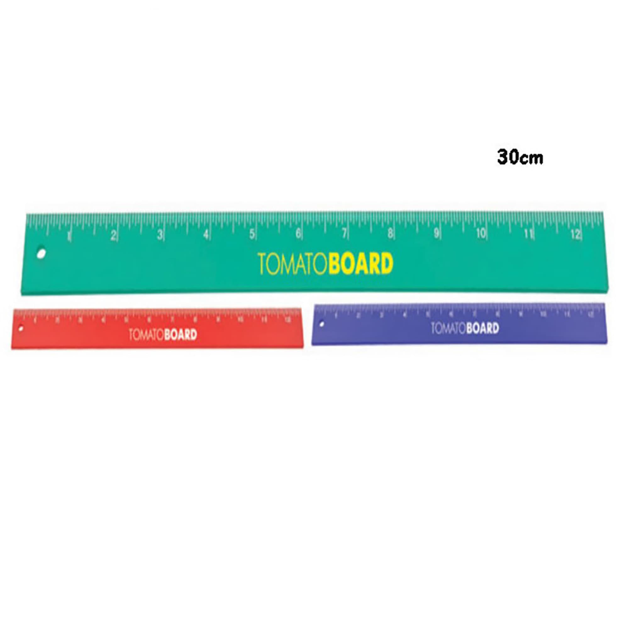 A 30cm ruler in green, featuring a logo, with a red and purple ruler beside it for comparison. 30cm Ruler - Image 1