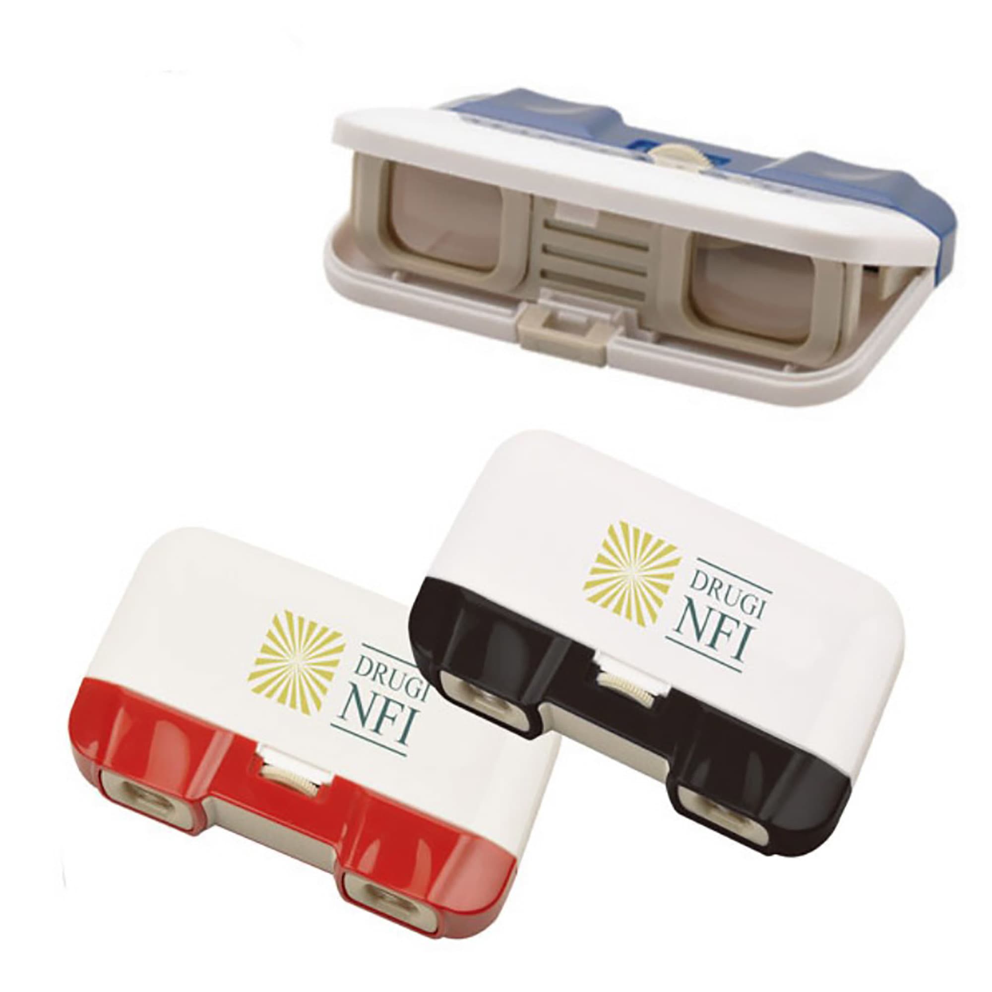 A pair of binoculars in red, white, blue, and black, featuring a logo on the side. Binoculars - Image 1