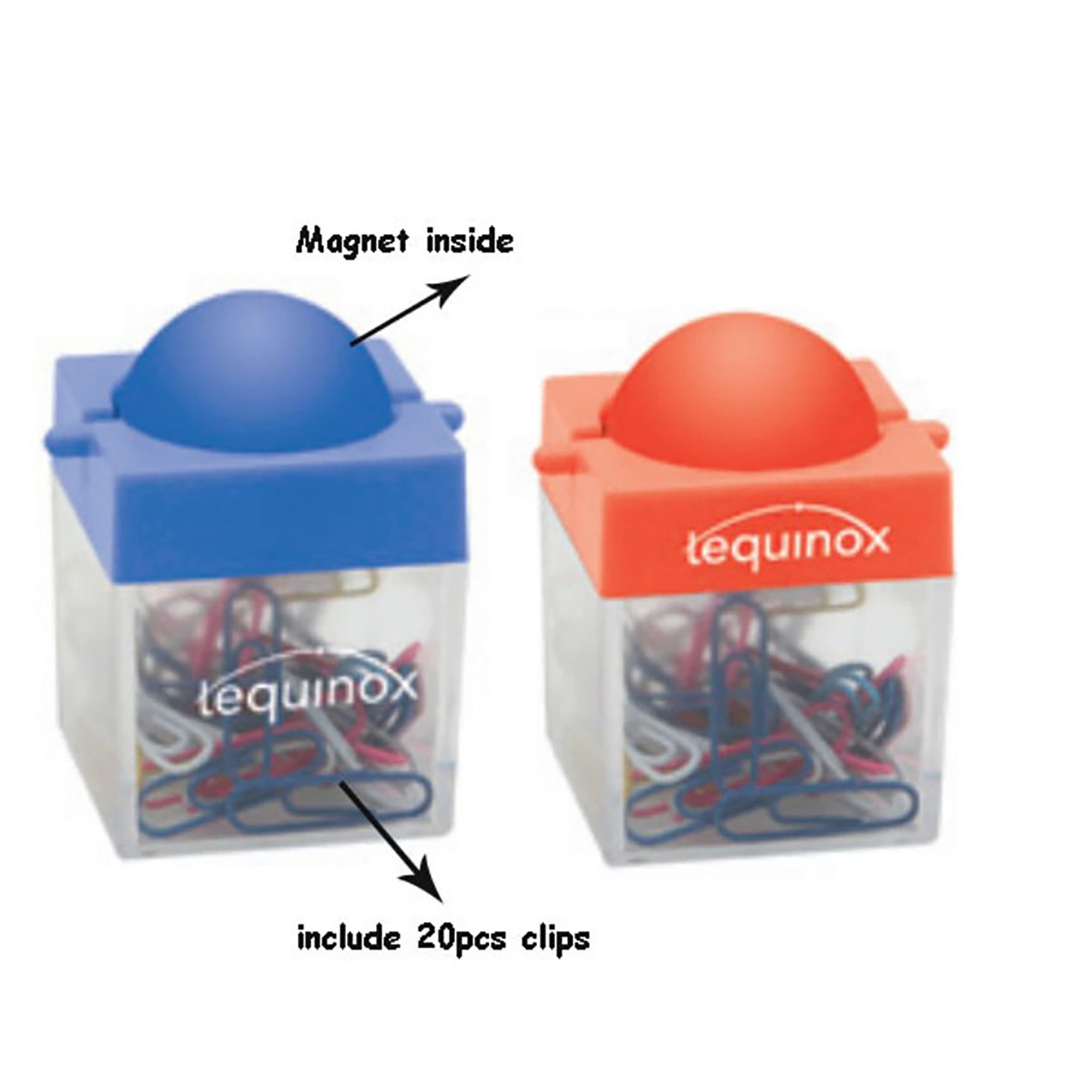 Two clip dispensers in blue and red, each containing 20 paper clips and a magnet inside. Each has a branded logo. Clip Dispenser - Image 1