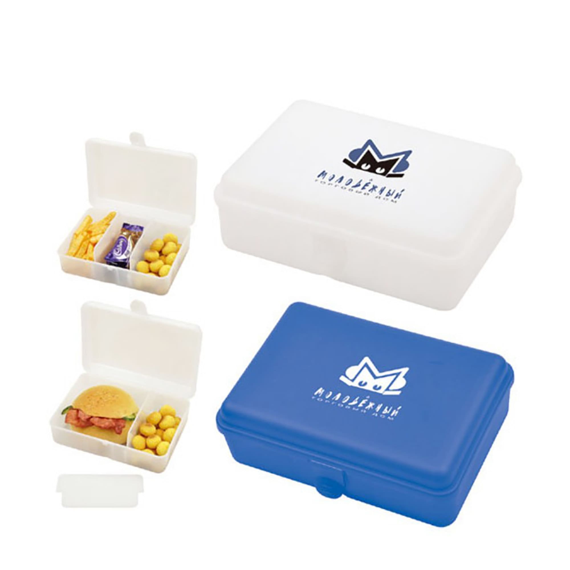 Three-part lunch box in white and blue, featuring compartments for food items. The design includes a logo. 3 Part Lunch Box - Image 1