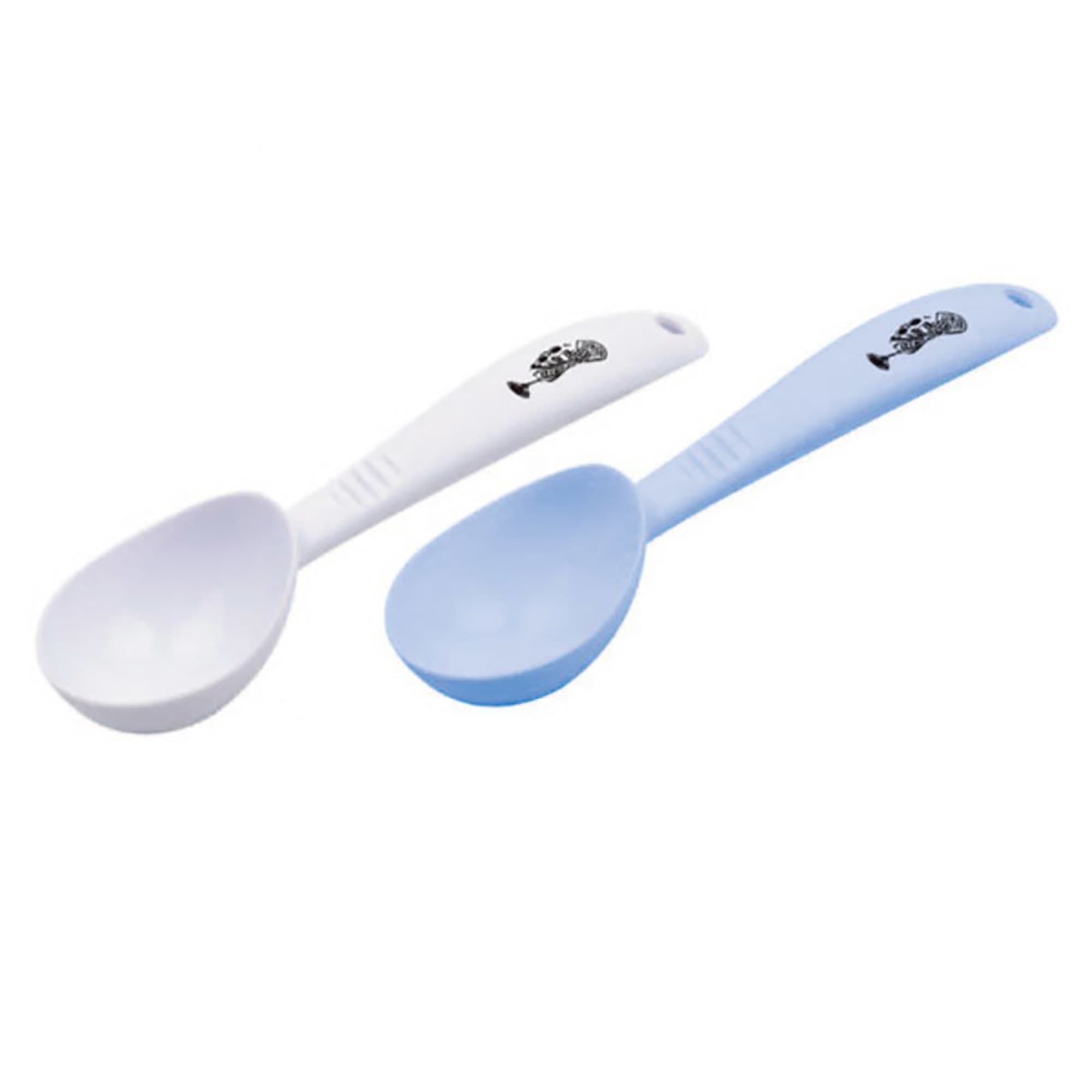 Two ice cream scoops in white and light blue, both with a whimsical design on the handles and a logo present. Ice Cream Scoop - Image 1