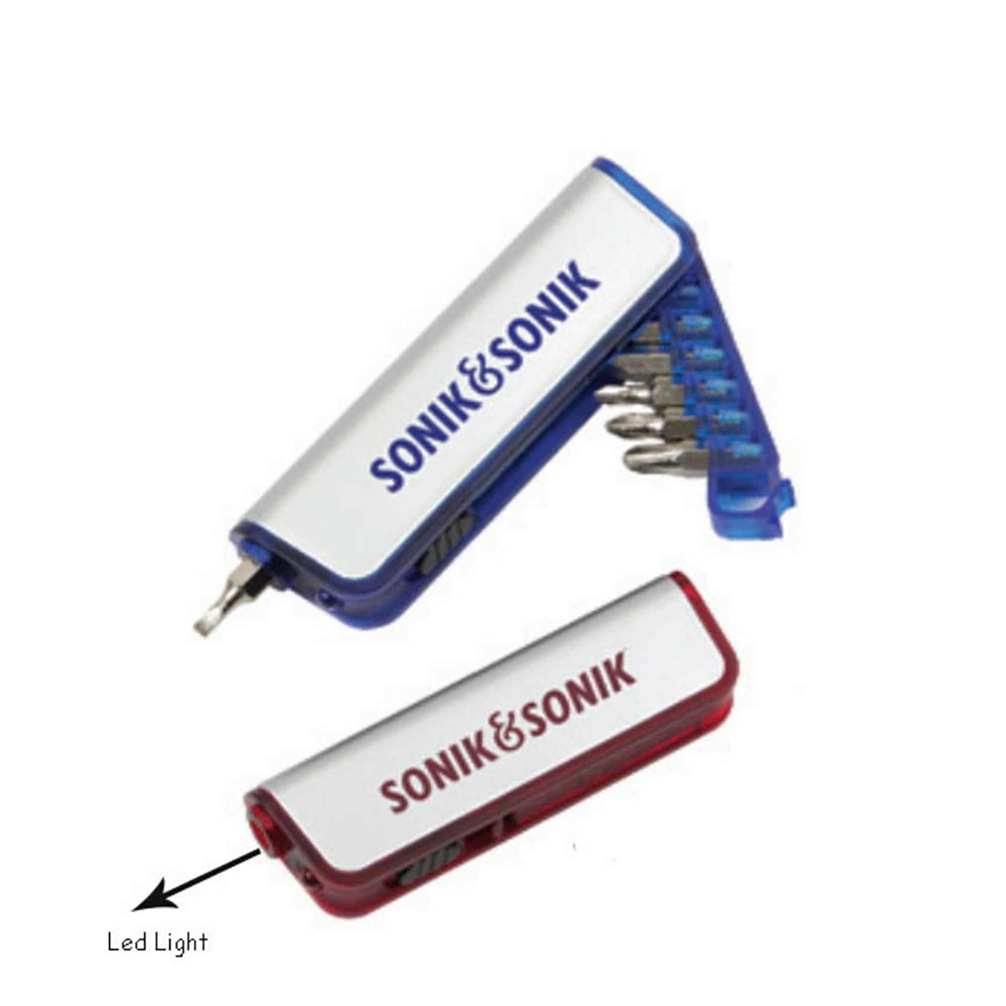 A tool set featuring a blue and red case with multiple screwdriver bits and an LED light. It includes branding. Tool Set - Image 1