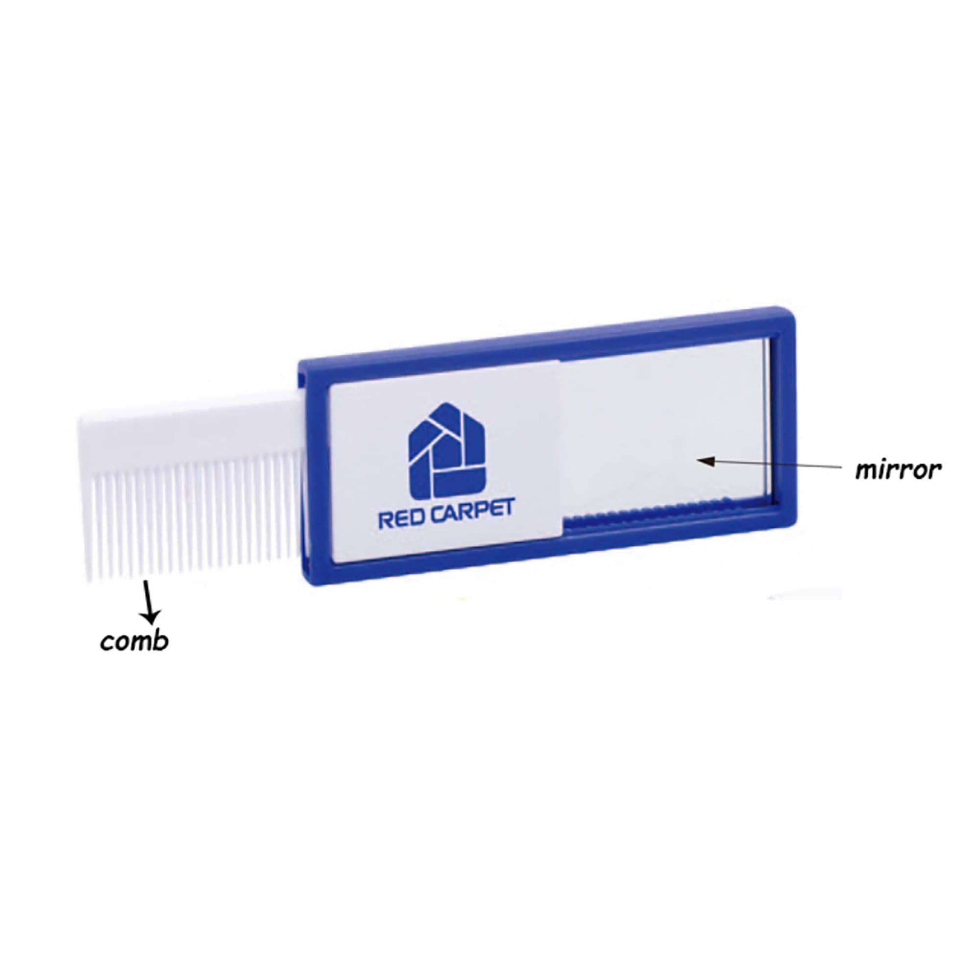 A blue comb with a mirror attached, featuring a logo on one side. Comb with Mirror - Image 1