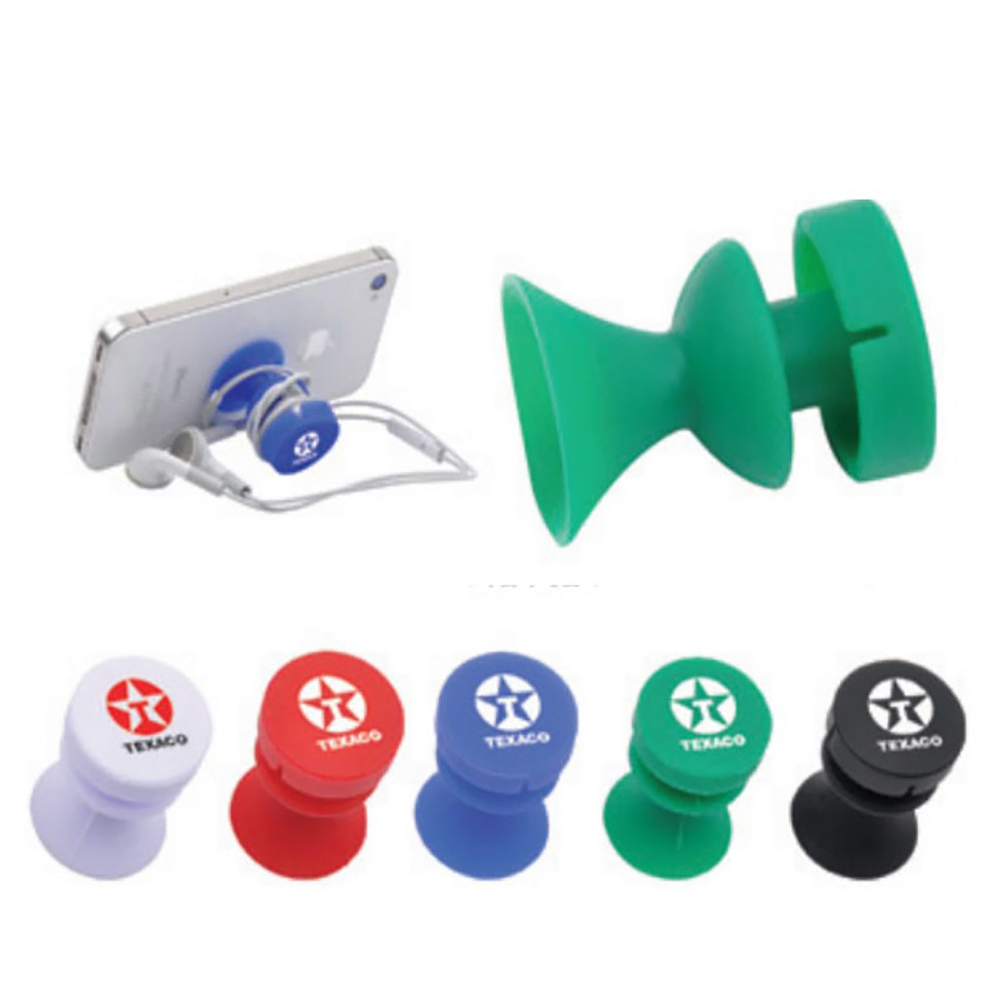 A collection of colourful mobile stands in various colours including red, blue, green, white, and black, with branding. Mobile Stand - Image 1
