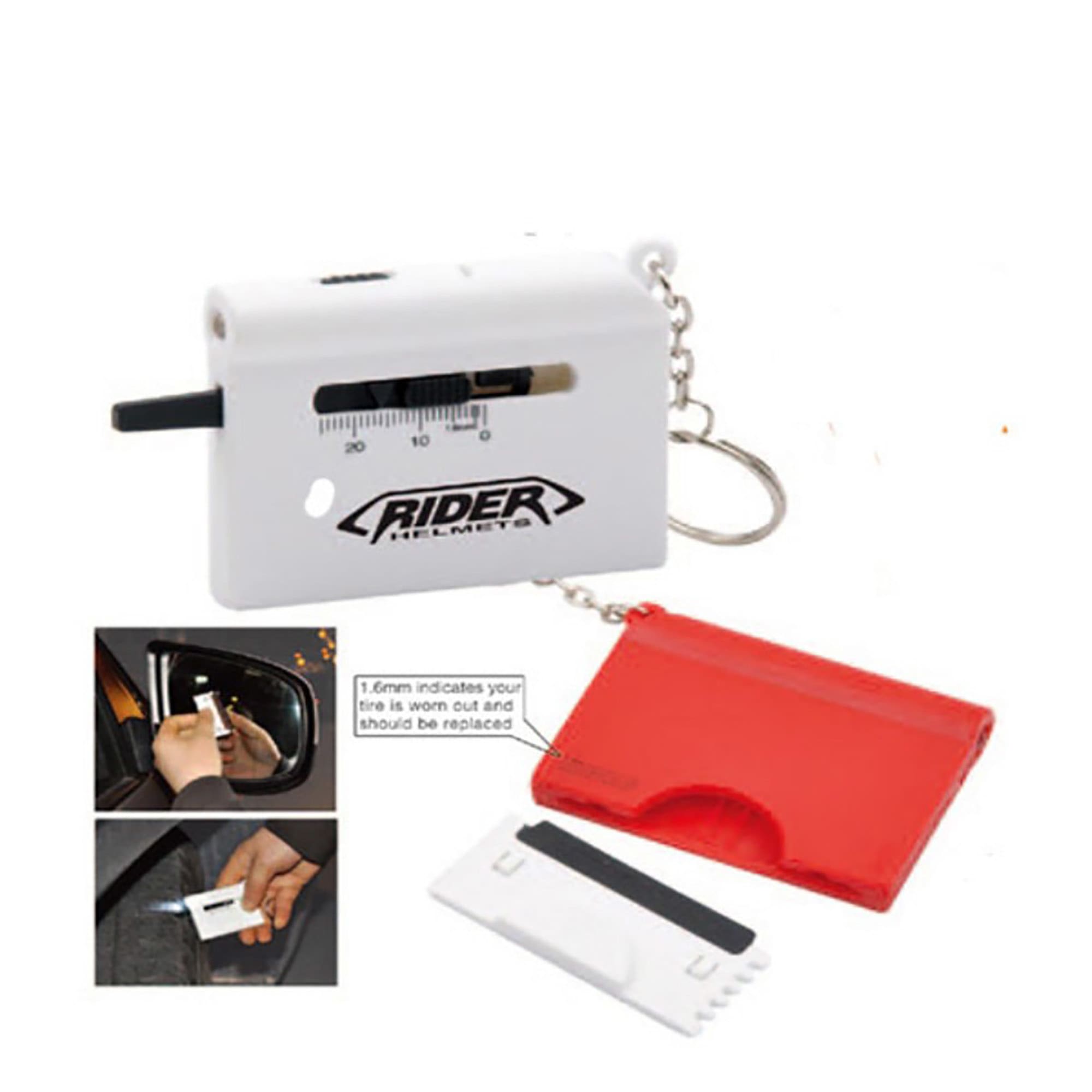 A white tyre trend measurement tool with a keyring attachment and a red plastic case, featuring a logo. Tyre Trend Measurement With Light - Image 1