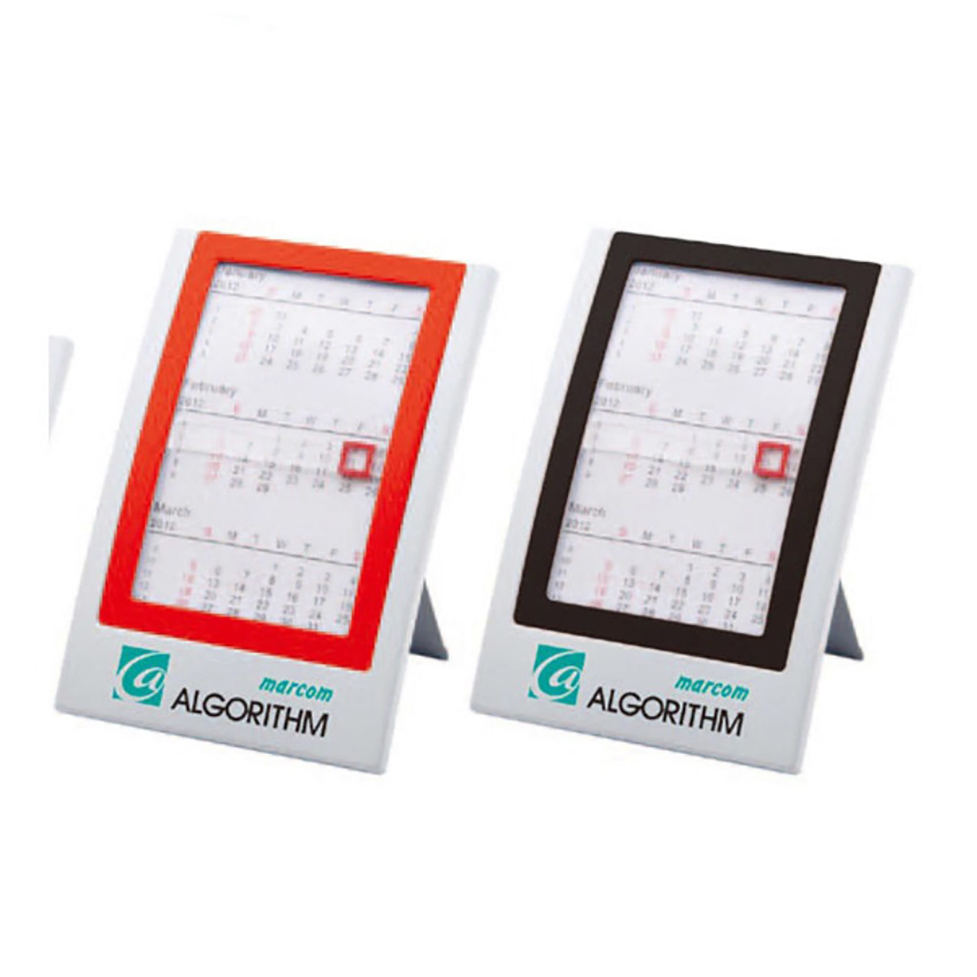 A wall calendar display with two colour options: one featuring orange and the other in black, both with a logo. Calendar - Image 1