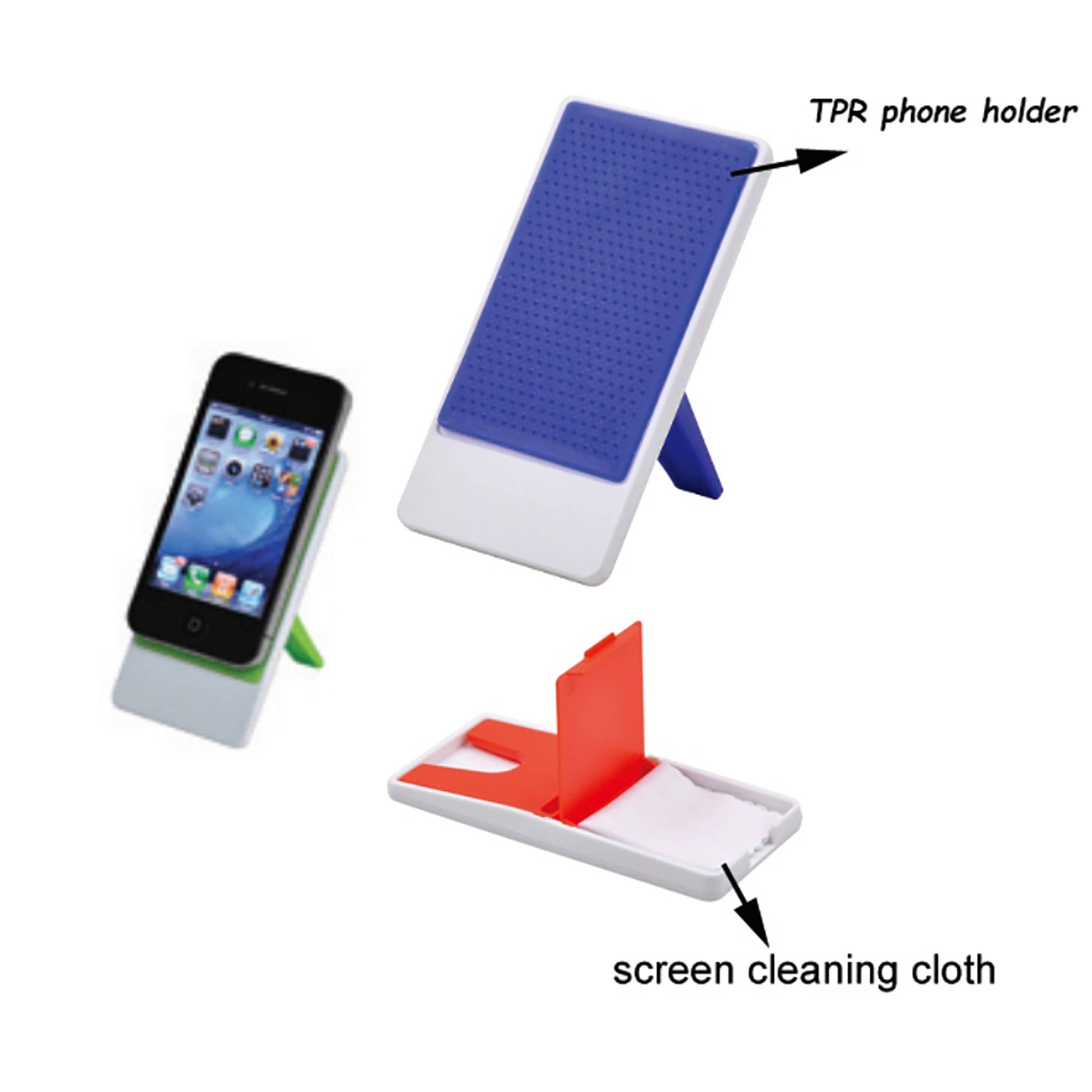A phone holder in white with a blue back, featuring a green stand and a red screen cleaning cloth. Mobile Holder with Cloth - Image 1