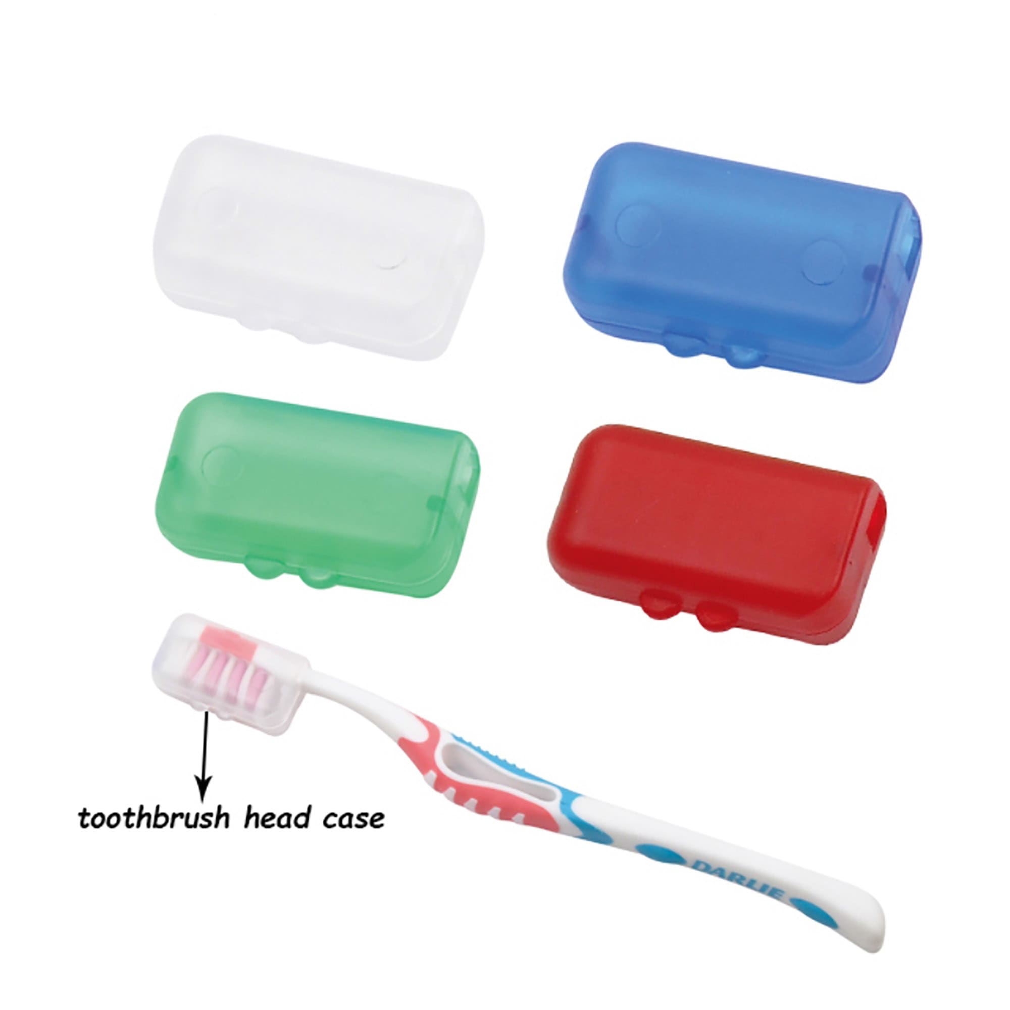 A toothbrush holder set featuring white, blue, green, and red cases, accompanied by a toothbrush with a patterned handle. ToothBrush Holder - Image 1