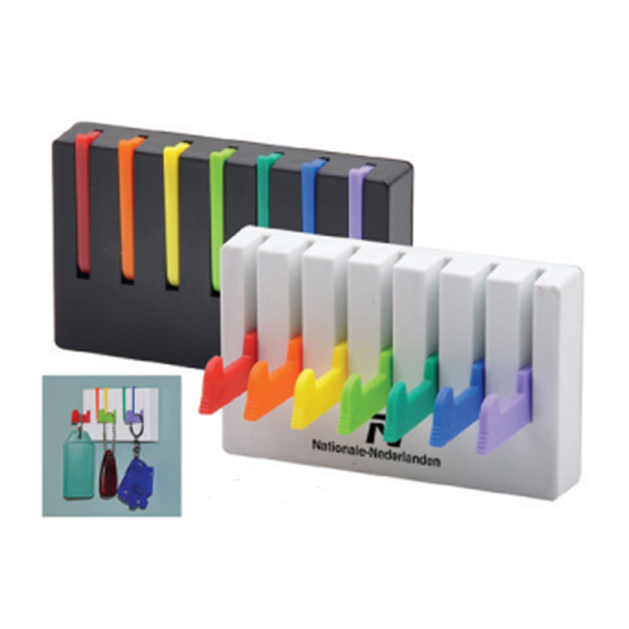 A set of colourful keyrings in a white and black holder, featuring various vibrant hues including red, blue, and green. Handy Hook - Image 1