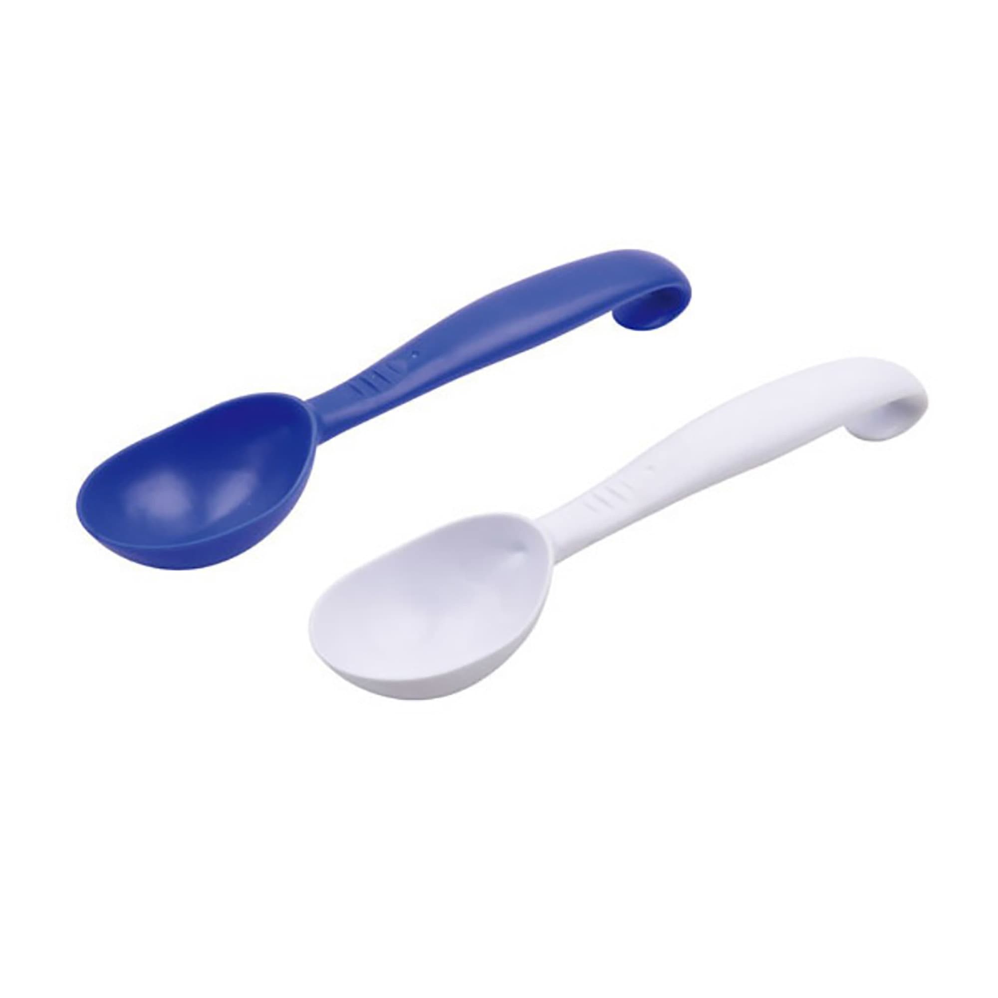 A set of two ice cream scoops in blue and white, featuring curved handles for easy gripping. Each scoop has branding. Ice Cream Scoop - Image 1