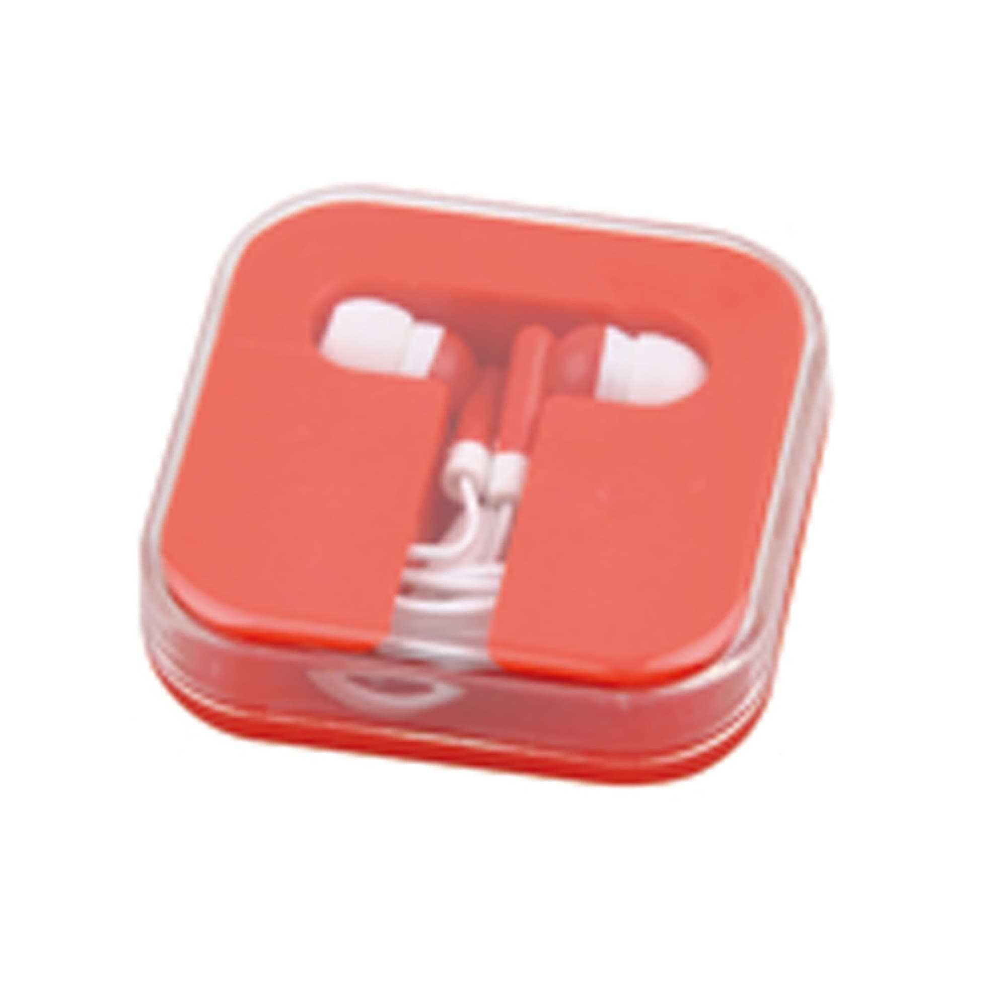 Red earbuds in a clear case featuring white accents and a logo. Earbuds in Case - Image 1