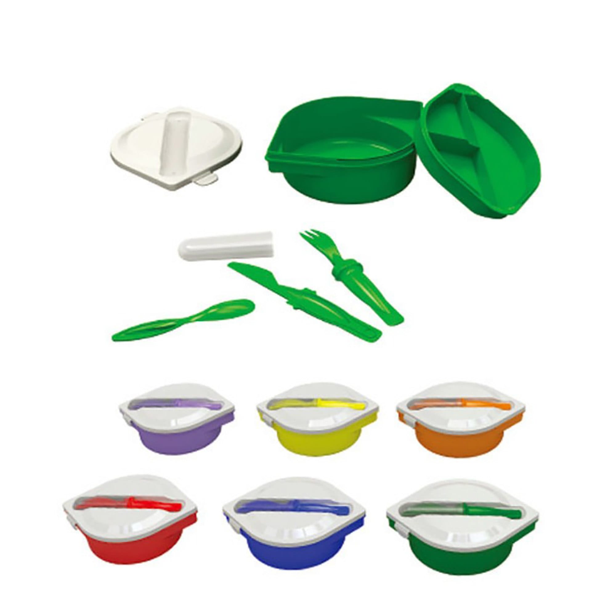 A green lunch box set featuring cutlery, with additional containers in purple, yellow, and orange. Each has a clear lid and a logo. Lunch Box with Cutlery Set - Image 1
