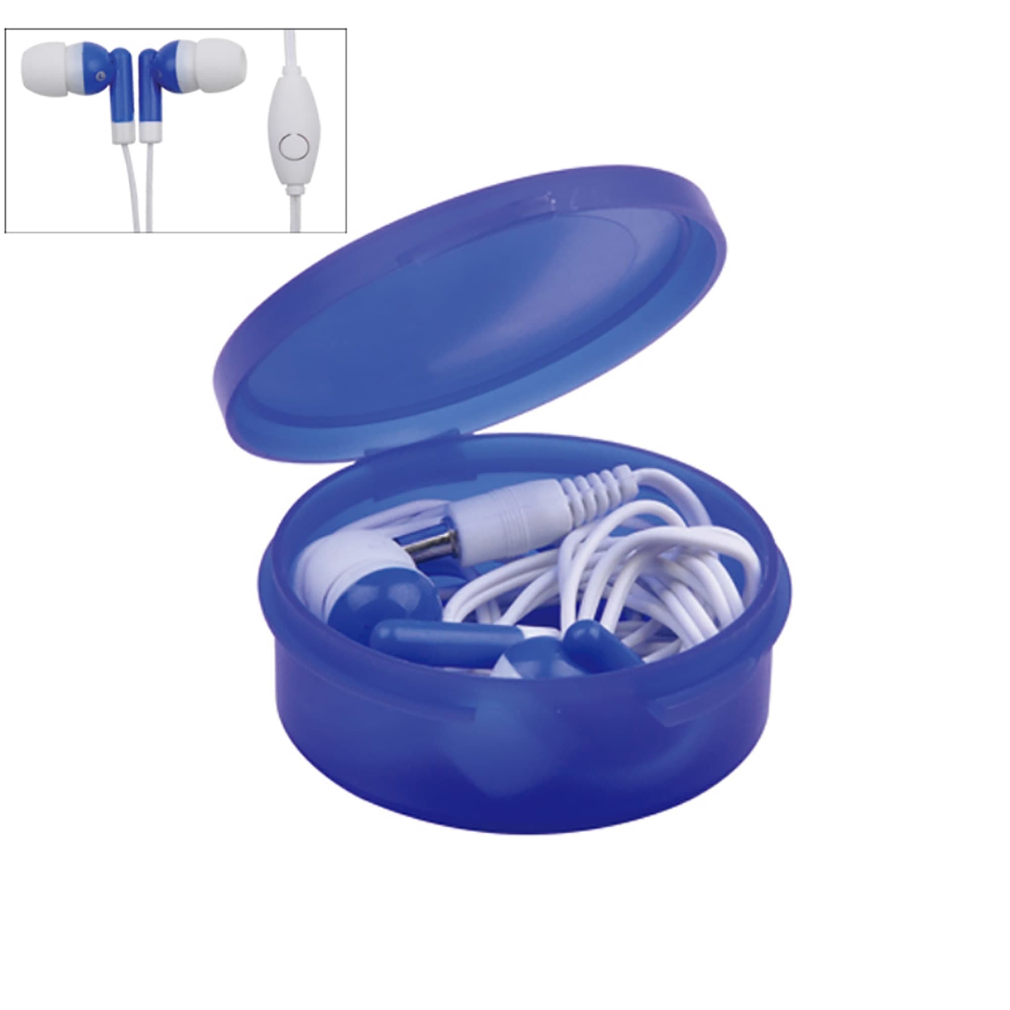 A blue case containing white earbuds with a microphone is displayed, featuring an inner compartment for storage. Earbuds in Case with Mic - Image 1
