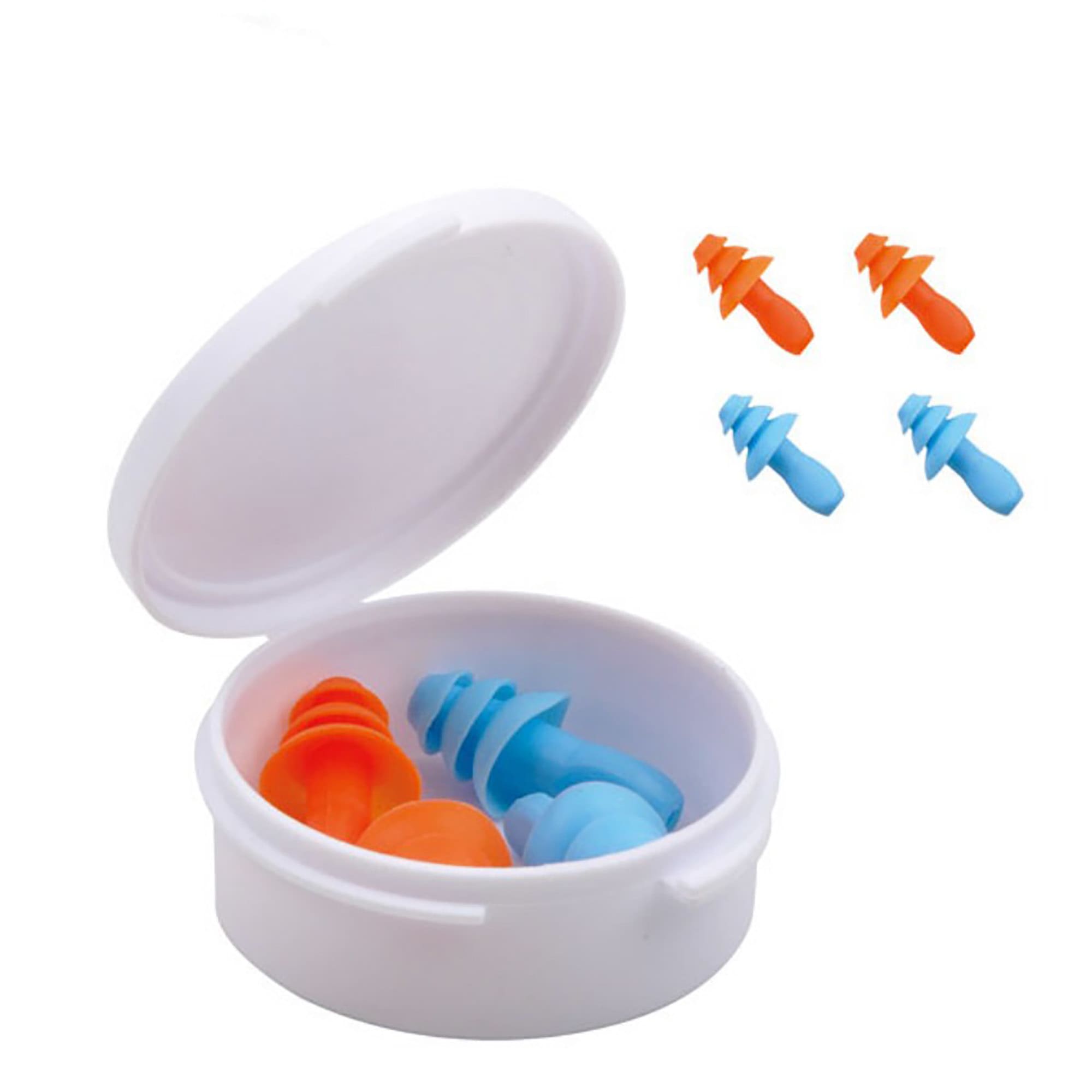 A white case containing two pairs of earplugs, one orange and one blue, with additional blue earplugs displayed above. 2 Pair Earplug in Case - Image 1