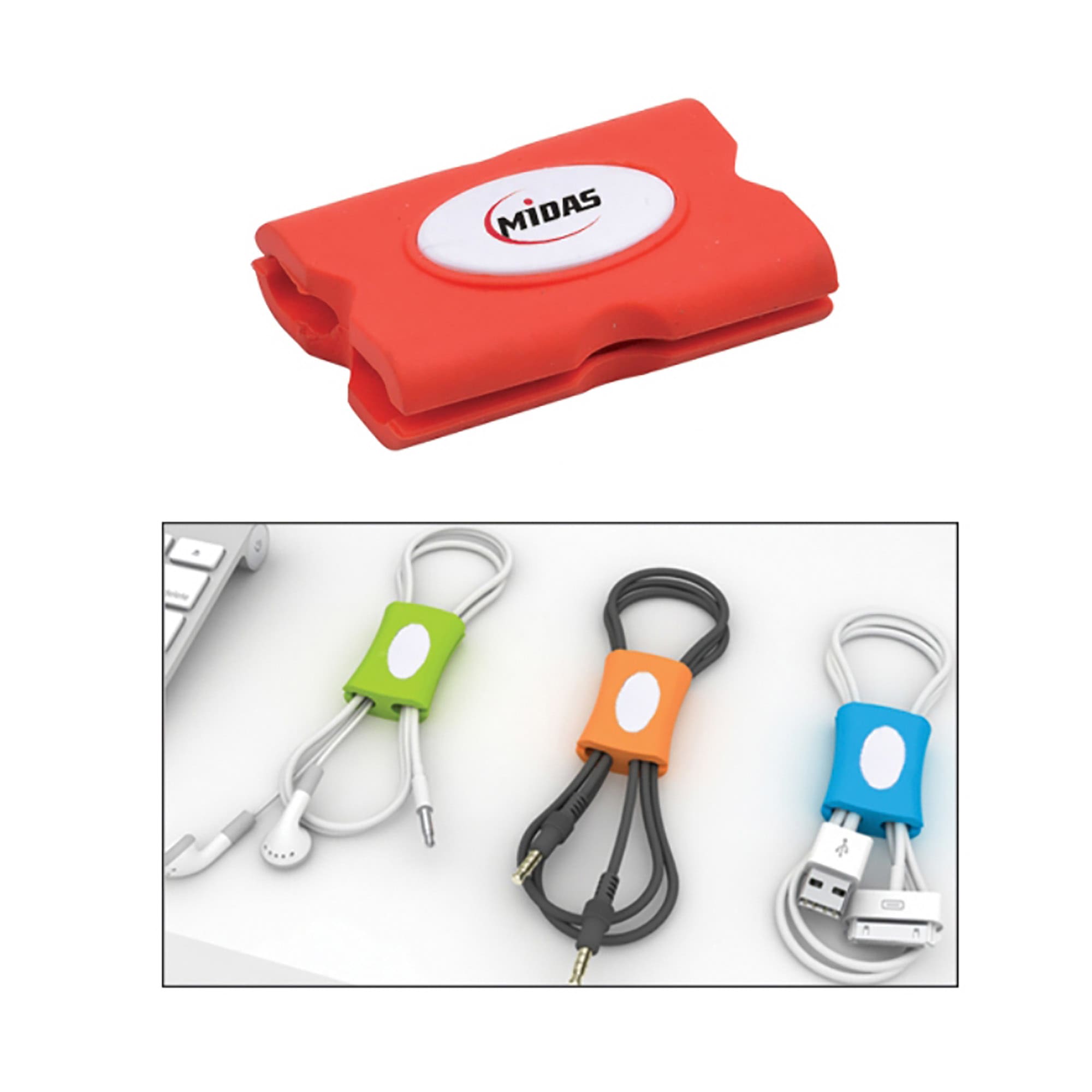 A red cable organiser with a white logo, alongside green, orange, and grey cable tidies. Cable Organiser - Image 1
