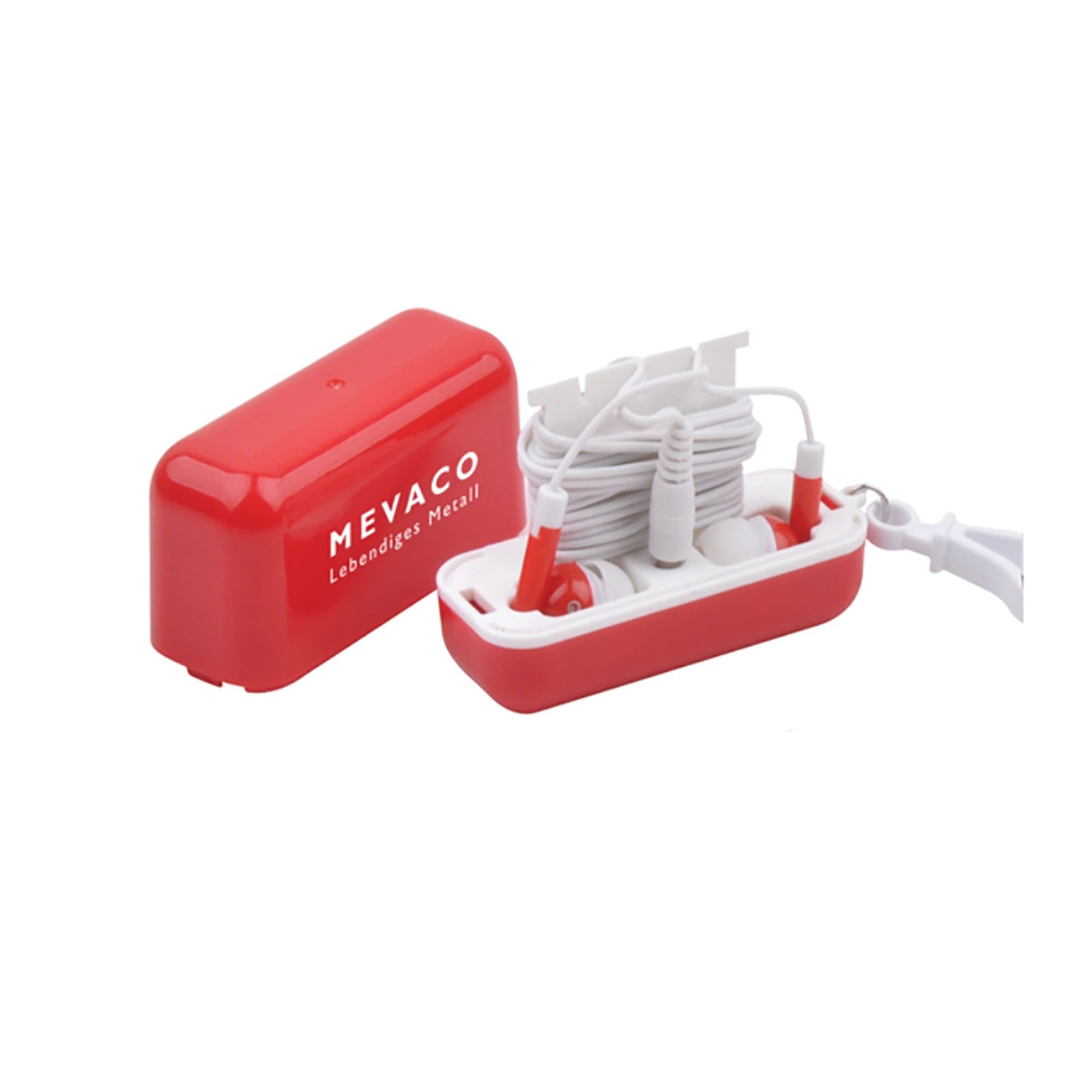 A red case containing white earbuds neatly wrapped inside. The case features a logo on its surface. Earbuds in Case - Image 1