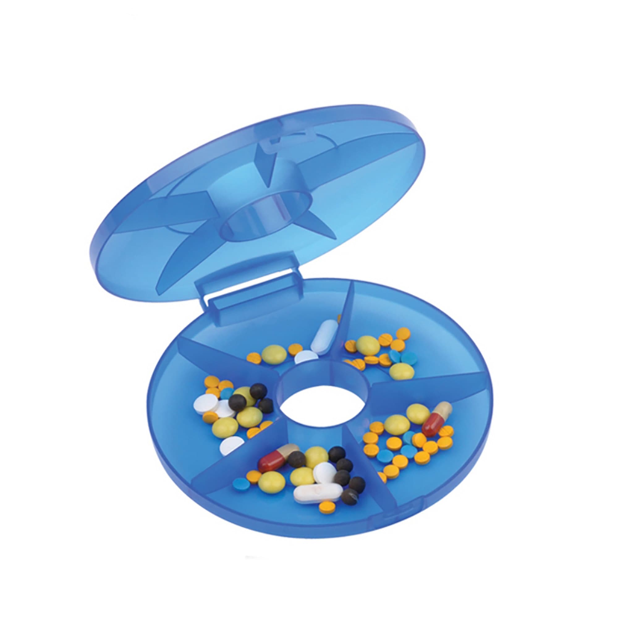 A circular blue pill box with multiple compartments, filled with various coloured pills and capsules. Pill Box - Image 1