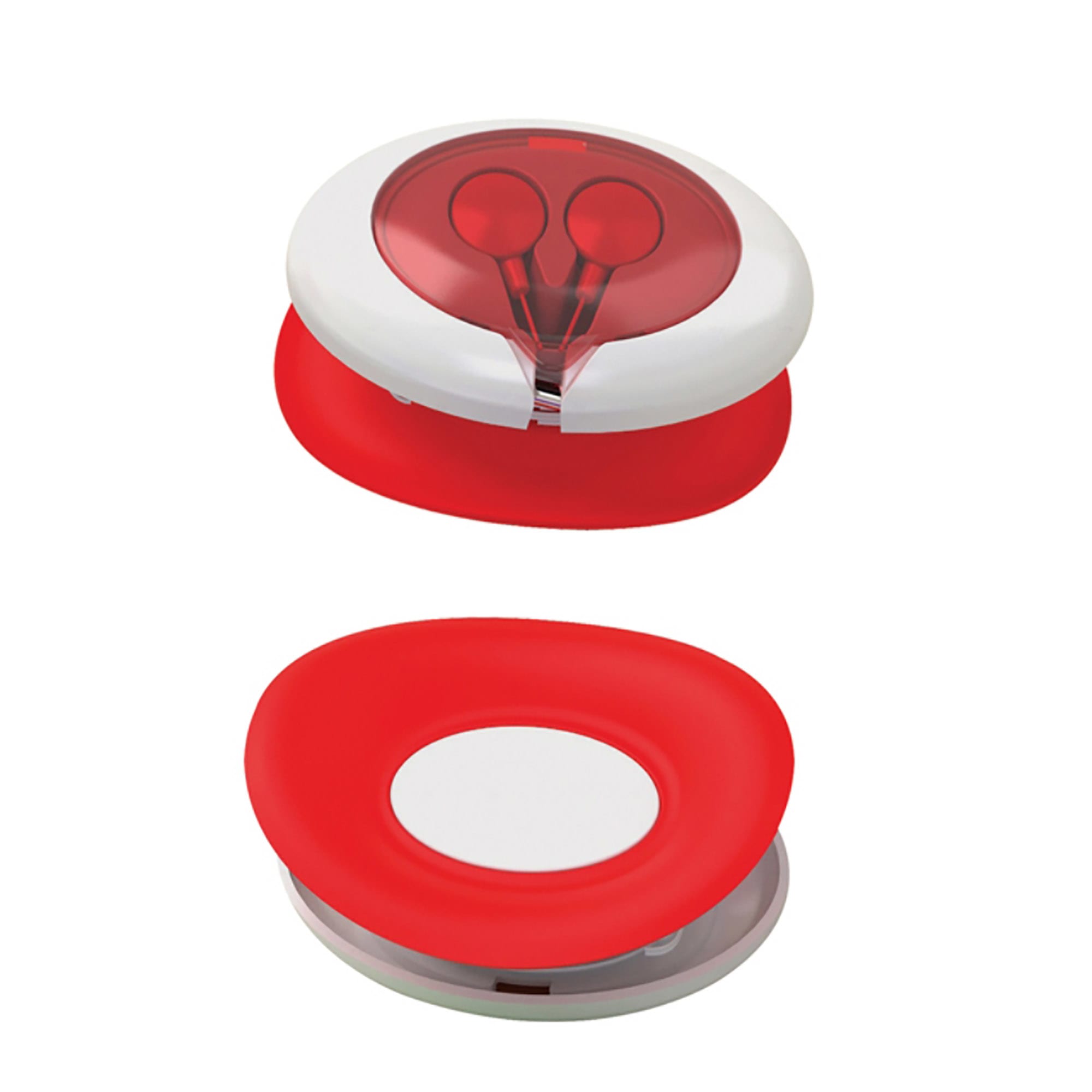 Earbuds in a red and white case, featuring a smooth, rounded design with a clear top section displaying the earbuds inside. Earbuds in Case - Image 1