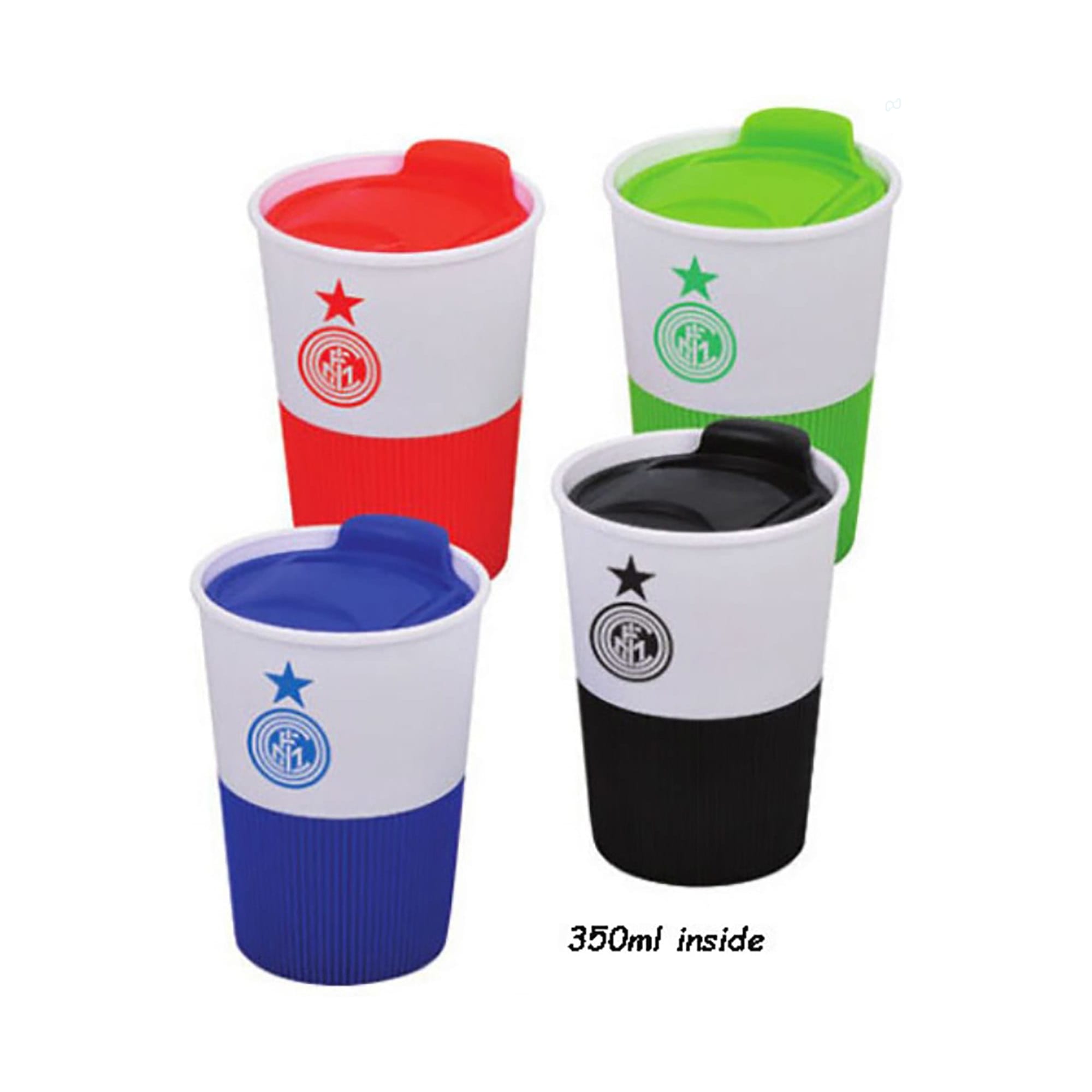 A drink bottle collection featuring four cups with silicone cases in red, green, blue, and black, each with a logo. Cup with Silicone Case - Image 1