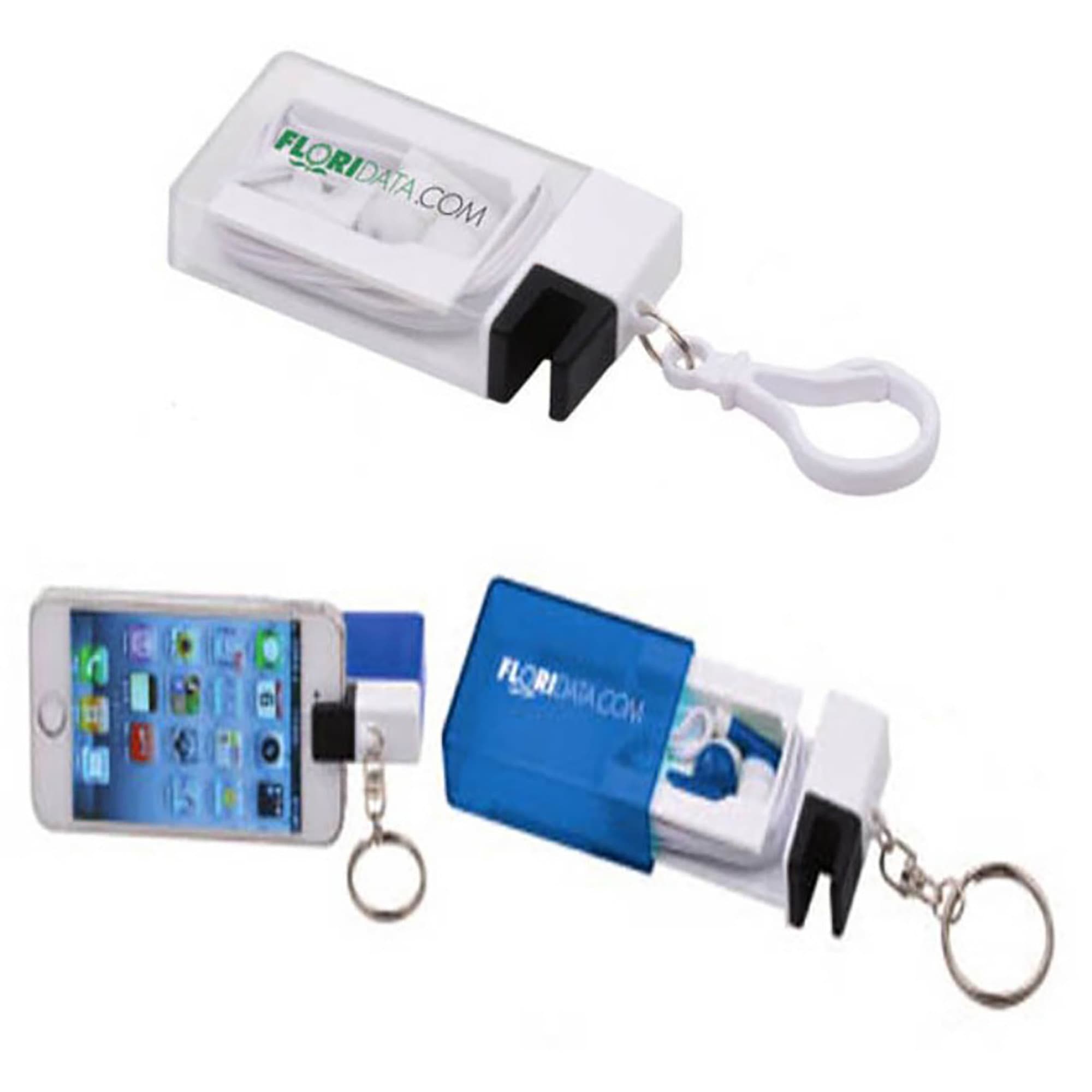 A pair of earbuds in a clear case with a keychain clip, featuring a blue and white design. Earbuds in Case - Image 1