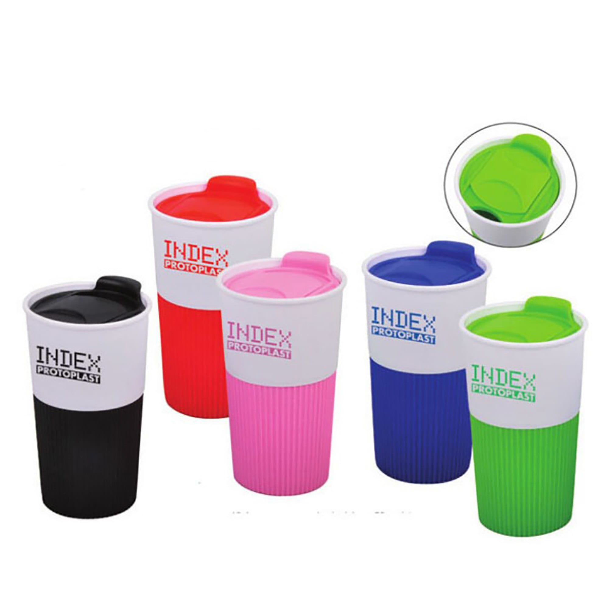 A set of reusable coffee cups in black, red, pink, blue, and green, featuring silicone cases and lids. Each has a logo. Coffee Cup with Silicone Case - Image 1