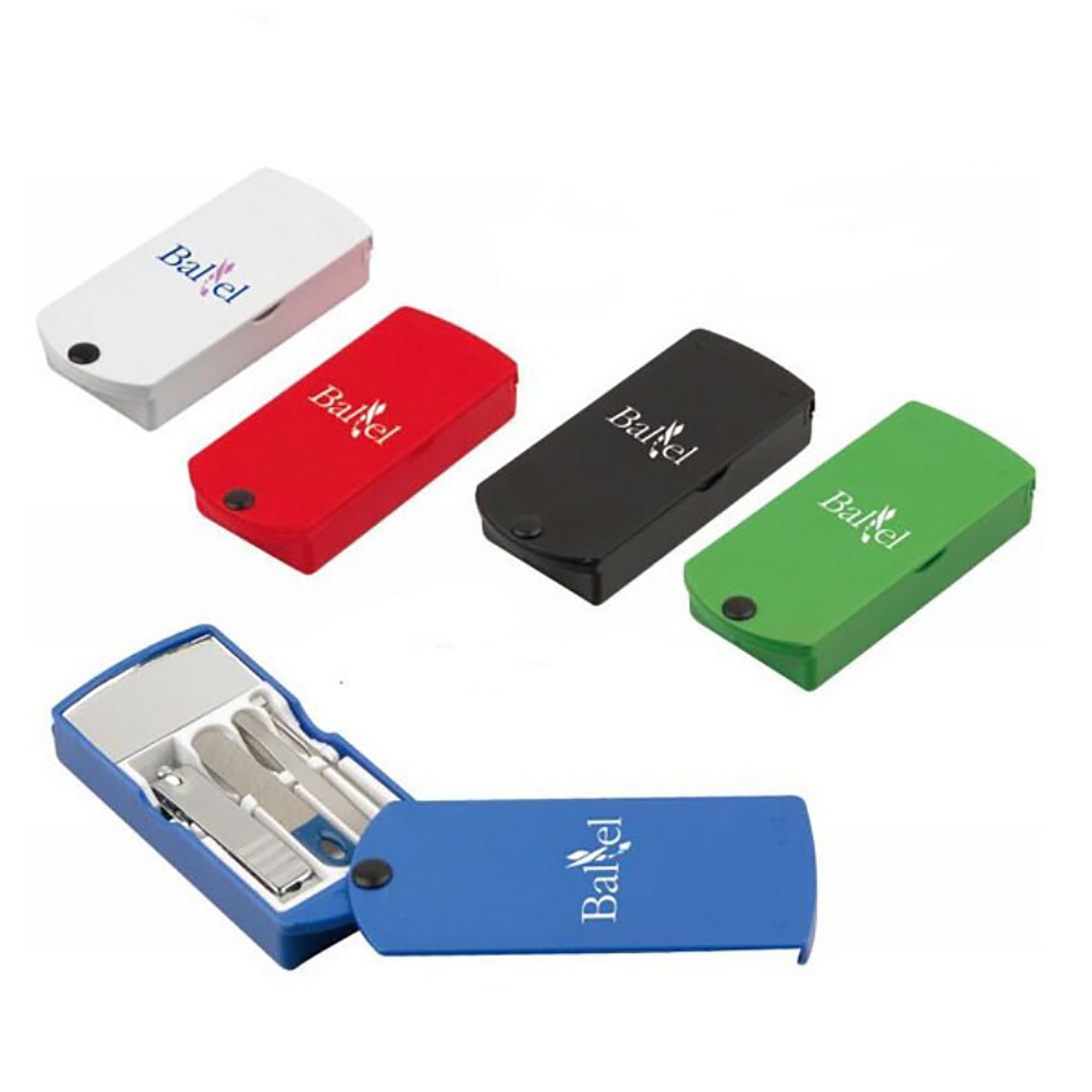 A manicure set featuring tools housed in a compact case available in white, red, green, black, and blue. Manicure Set - Image 1