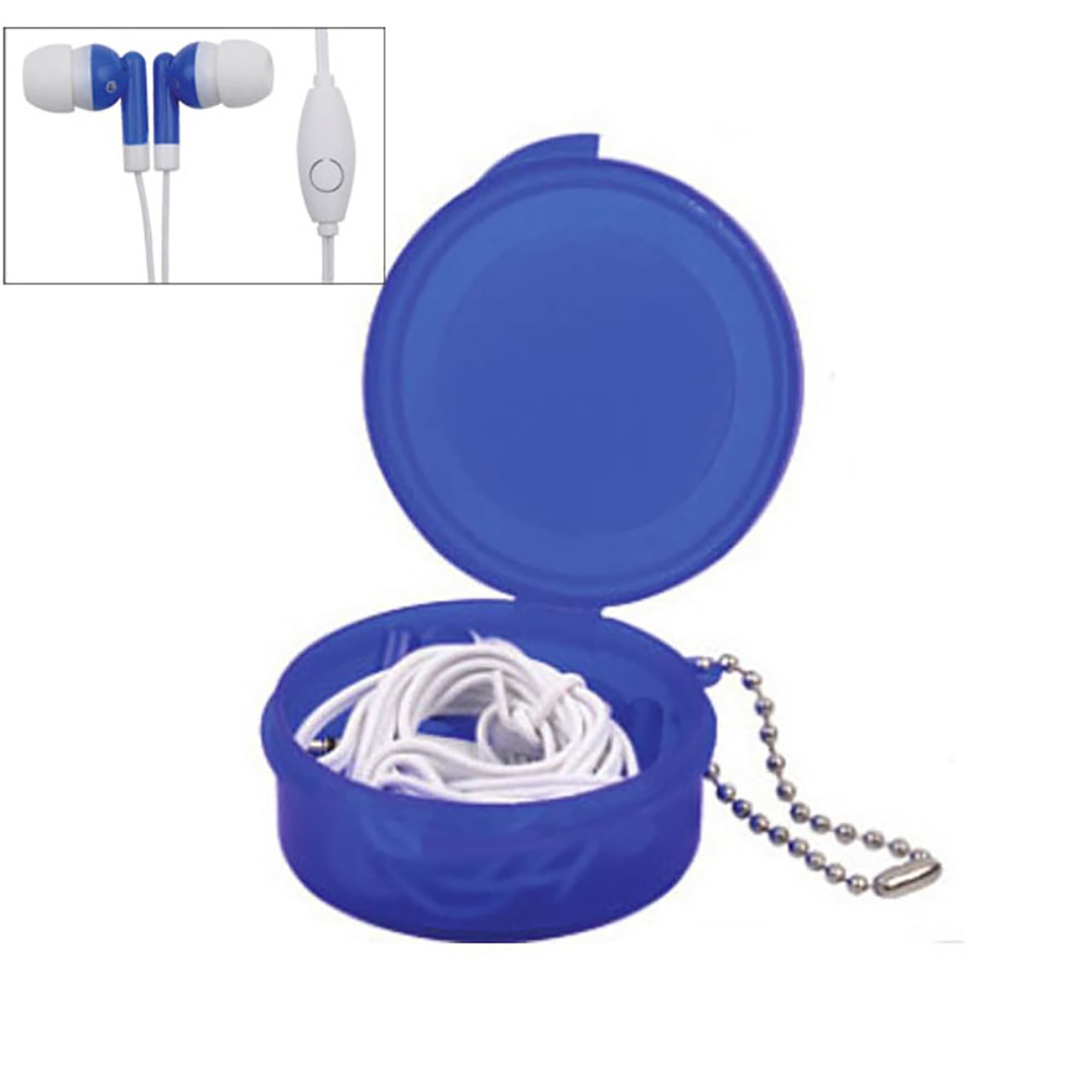 Blue earbuds with a white microphone in a matching blue case, featuring a keyring attachment. Earbuds in Case with Keyring with Mic - Image 1