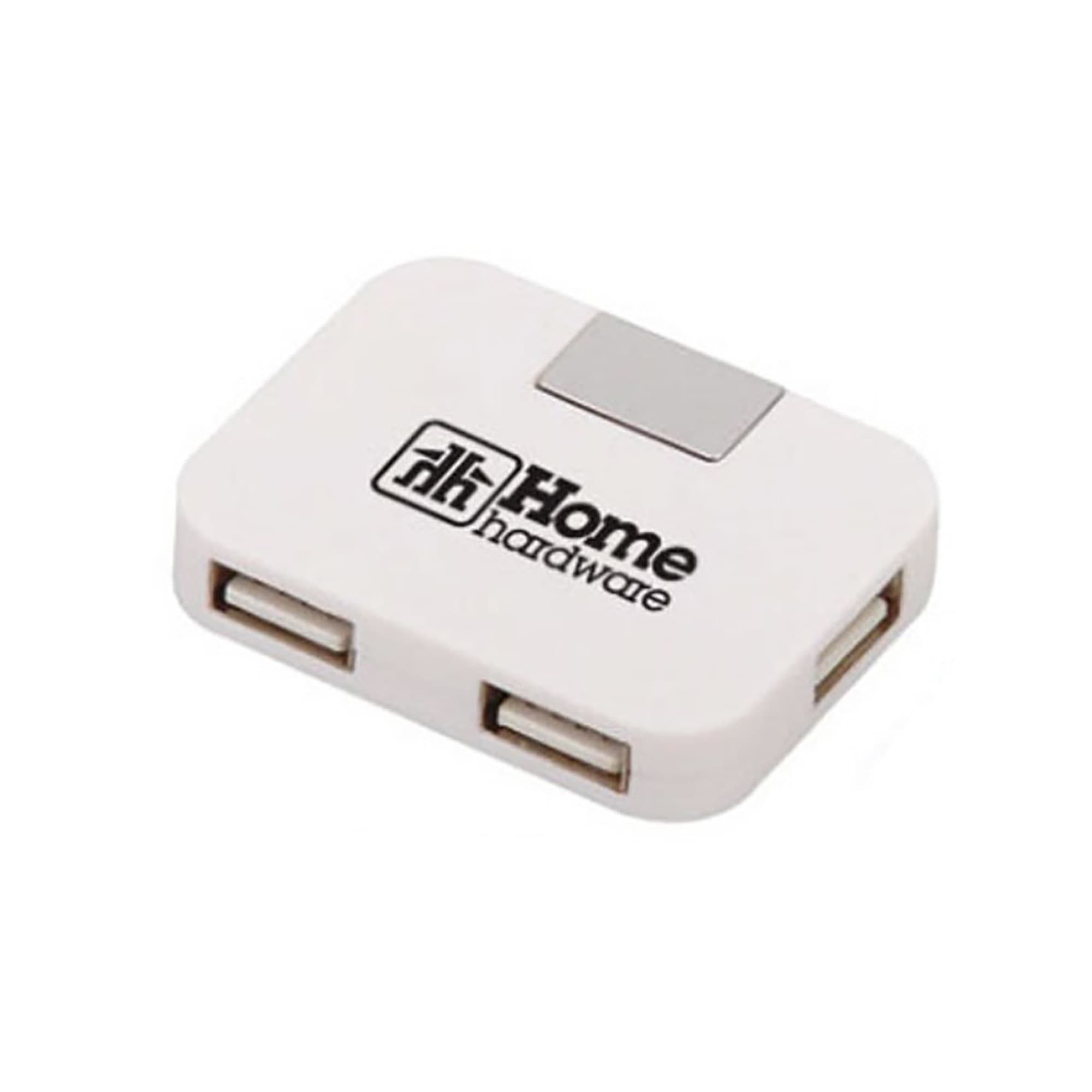 A rectangular white USB hub with two ports and a logo. USB Hub - Image 1