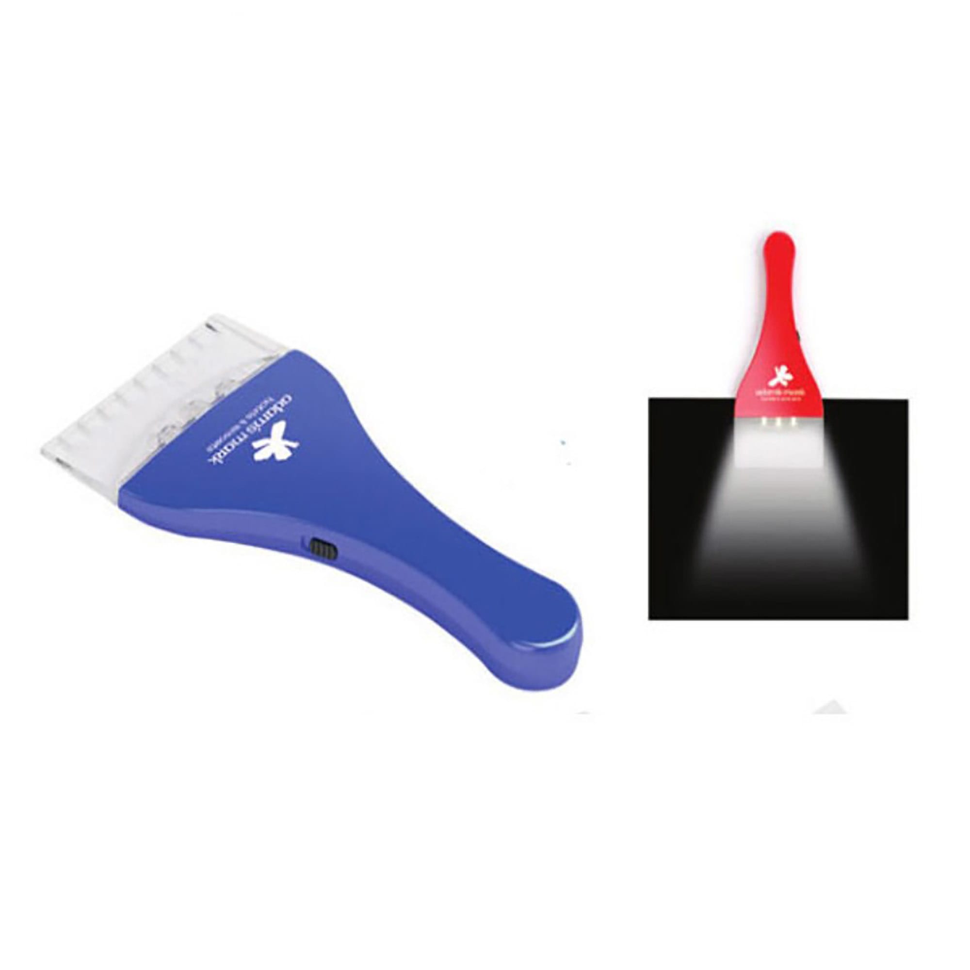 A blue ice scraper with a transparent blade and a built-in light, accompanied by a red version illuminating a dark surface. Ice Scrapper - Image 1
