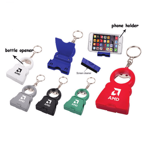 A range of small, multi-coloured mobile holders with bottle openers and screen cleaners, featuring a logo. Mobile Holder Bottle Opener Mobile Cleaner - Image 1