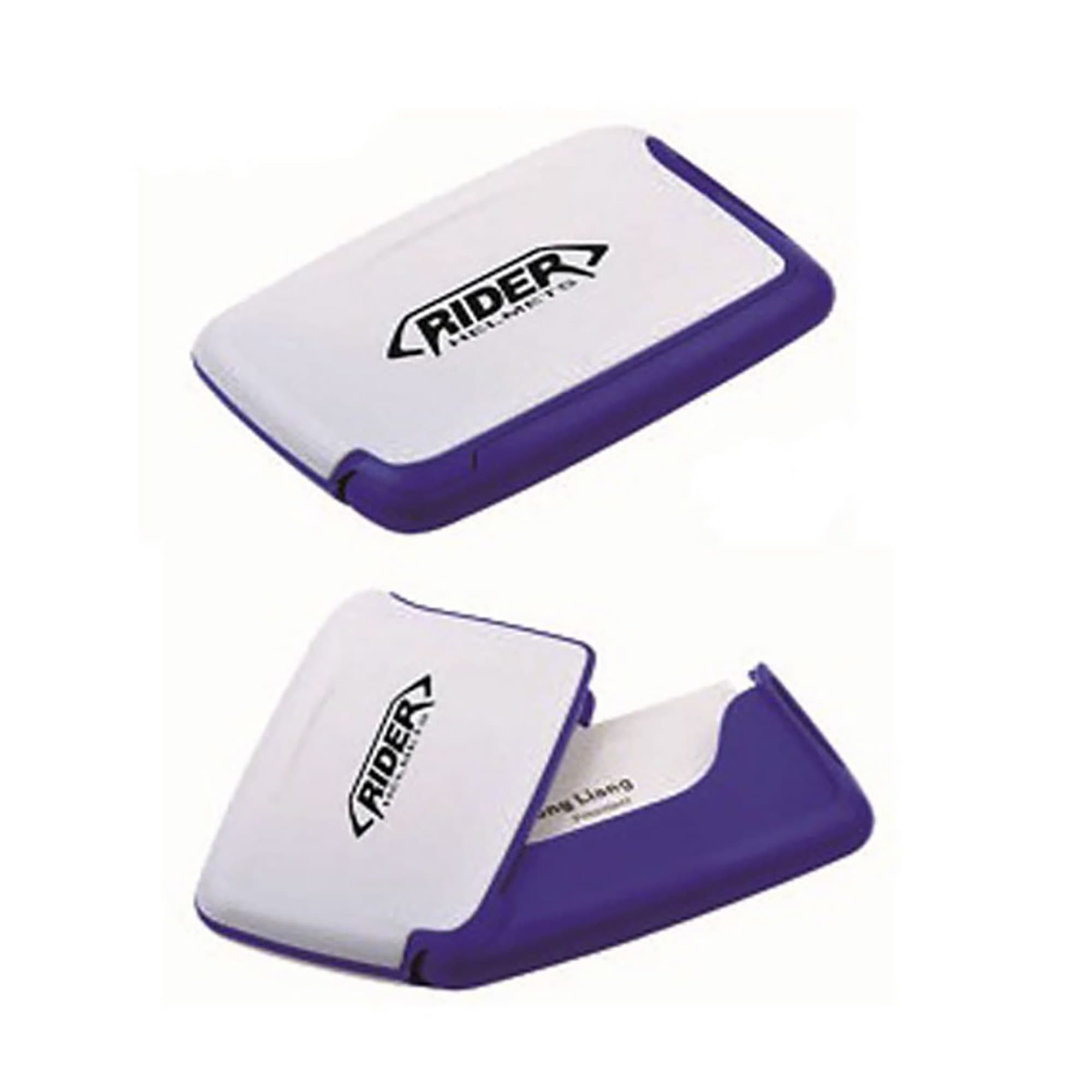 A purple and white business card holder with a logo, designed to store and organise business cards. Card Holder - Image 1