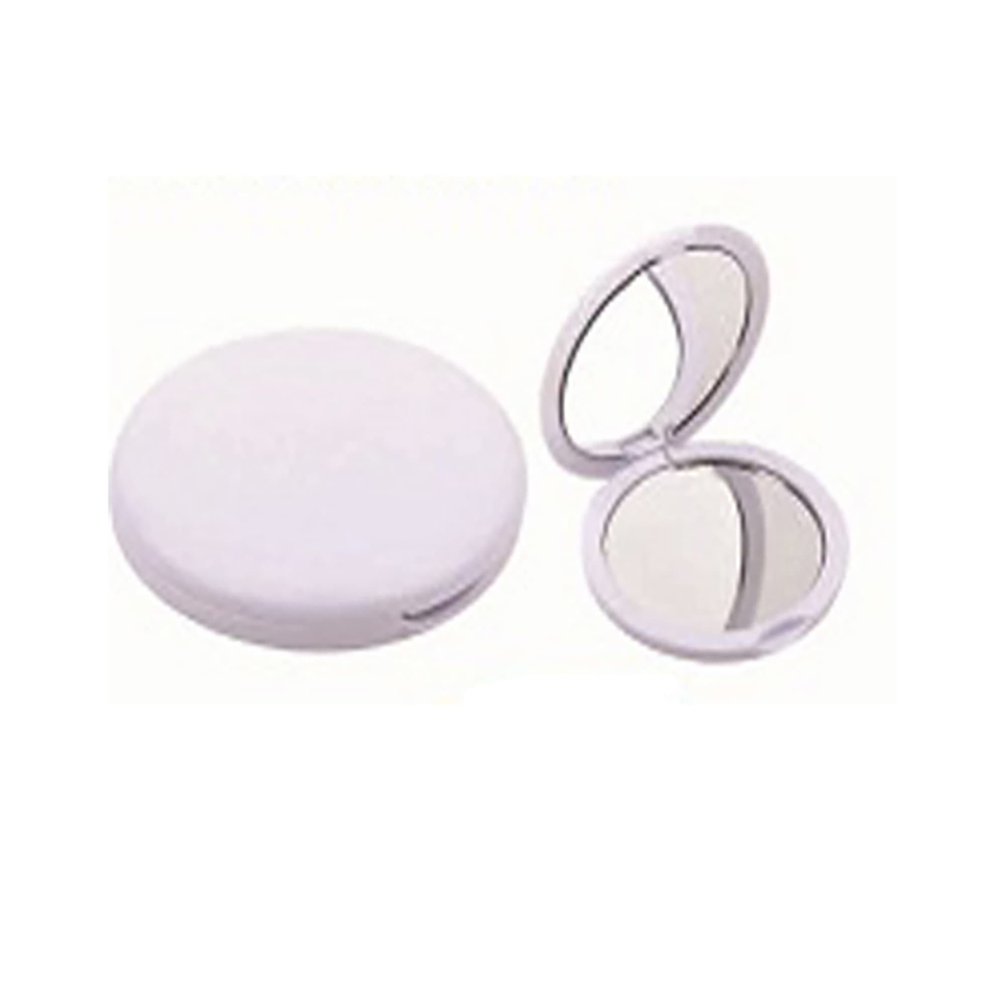 A round white compact mirror with a double-sided reflective surface. It features a branding logo on the exterior. Two Sides Mirror - Image 1