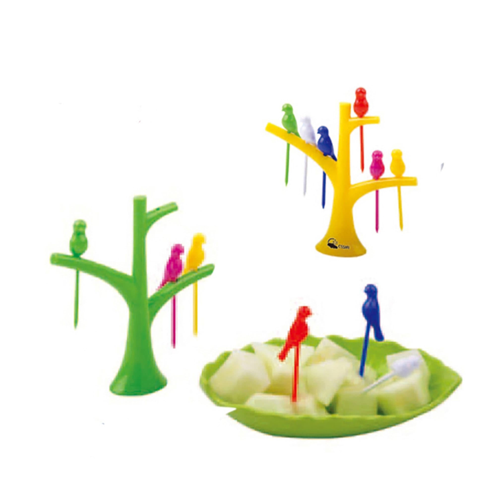 A vibrant toothpick holder in the shape of a tree, featuring colourful bird-shaped picks, in green and yellow. Toothpick Holder - Image 1