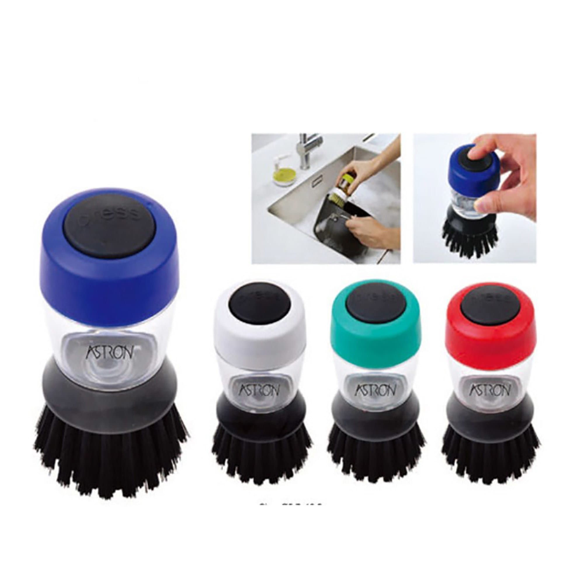 A set of kitchen scrub brushes in blue, white, red, and green, featuring a clear handle and bristle base. Kitchen Scrub Brush - Image 1