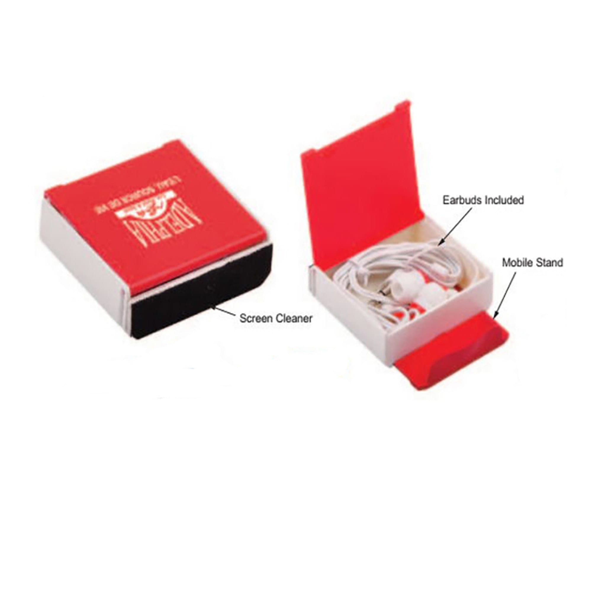 A red case containing white earbuds, a screen cleaner, and a mobile stand. The case features branding. Earbuds in Case - Image 1
