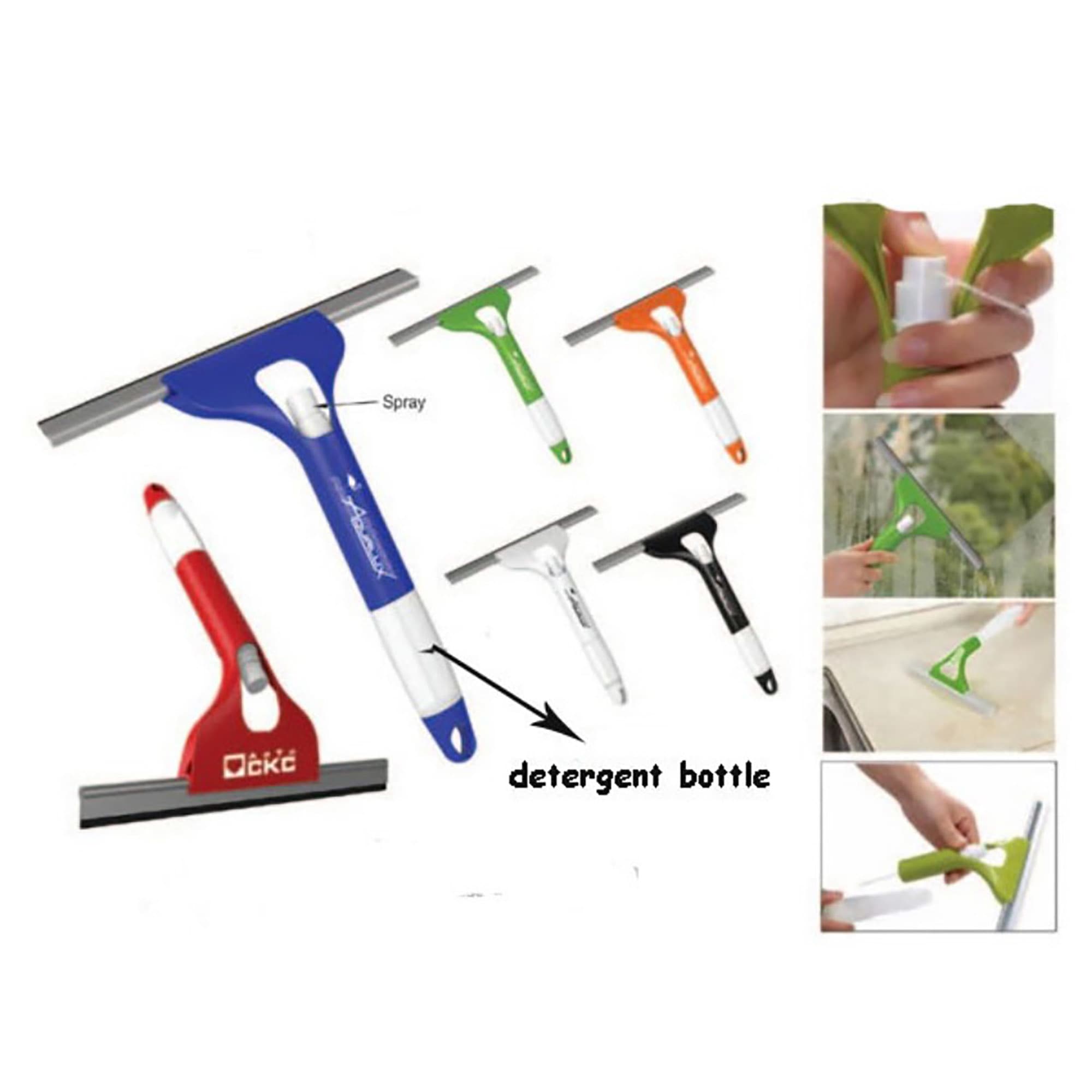 A tool set featuring various squeegees in red, blue, orange, and green with different designs and a detergent bottle. Window Scrapper - Image 1