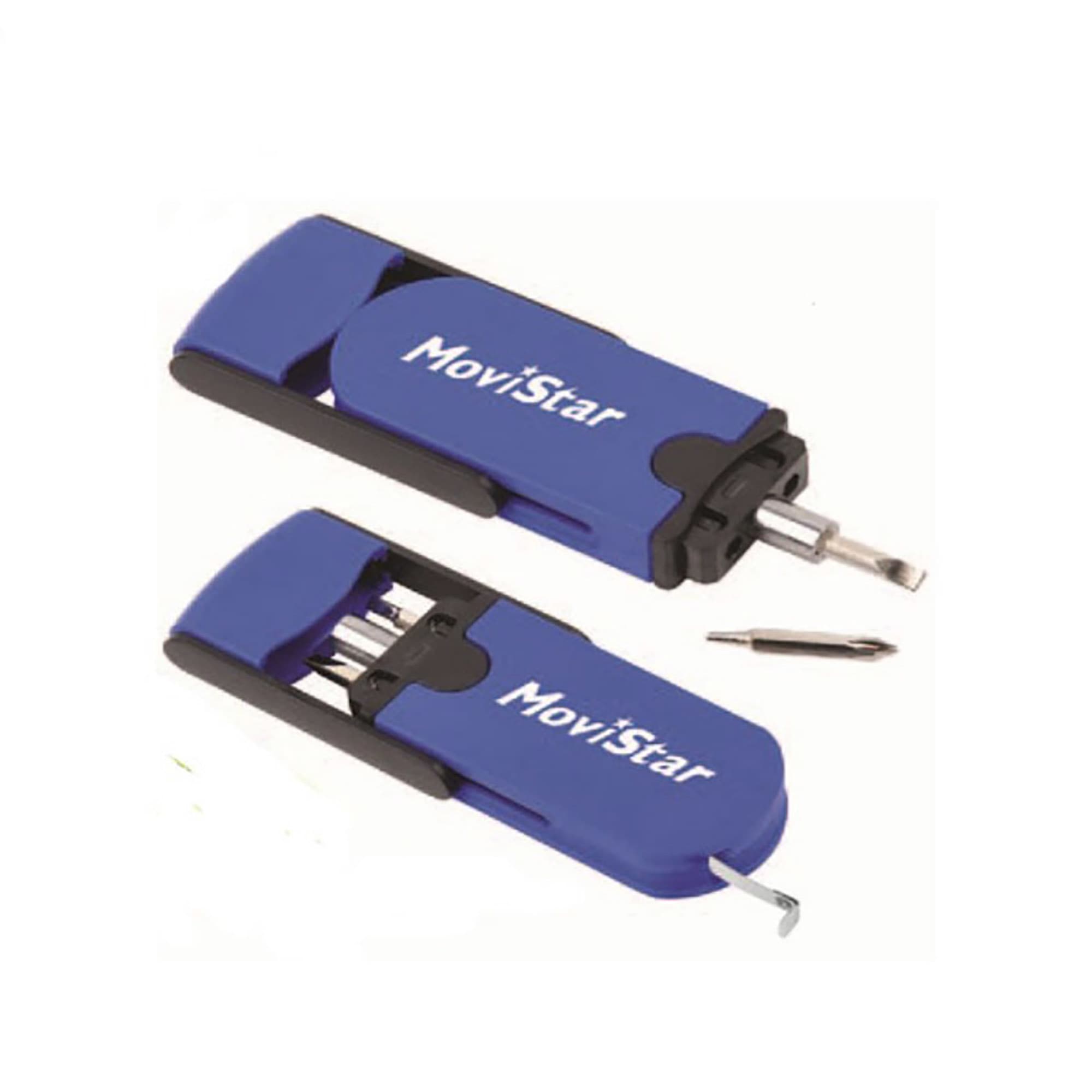 A blue tool set with a tape measure, featuring multiple screwdriver heads and a logo. Tool Set with Tape Measure - Image 1