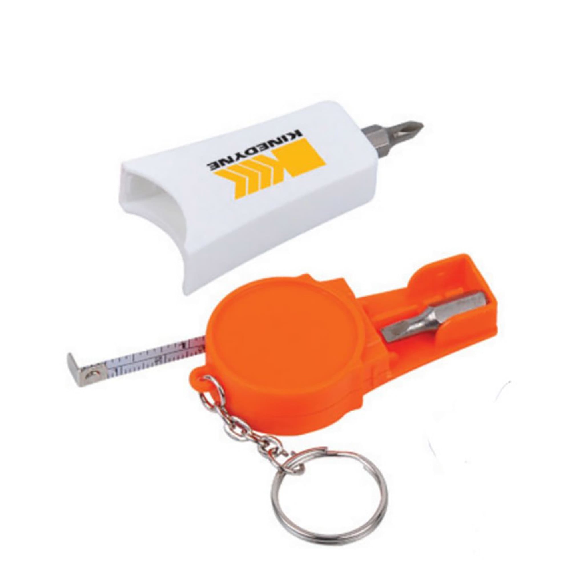 A compact tool set featuring a white case with a screwdriver and an orange tape measure on a keyring. Tool Set - Image 1