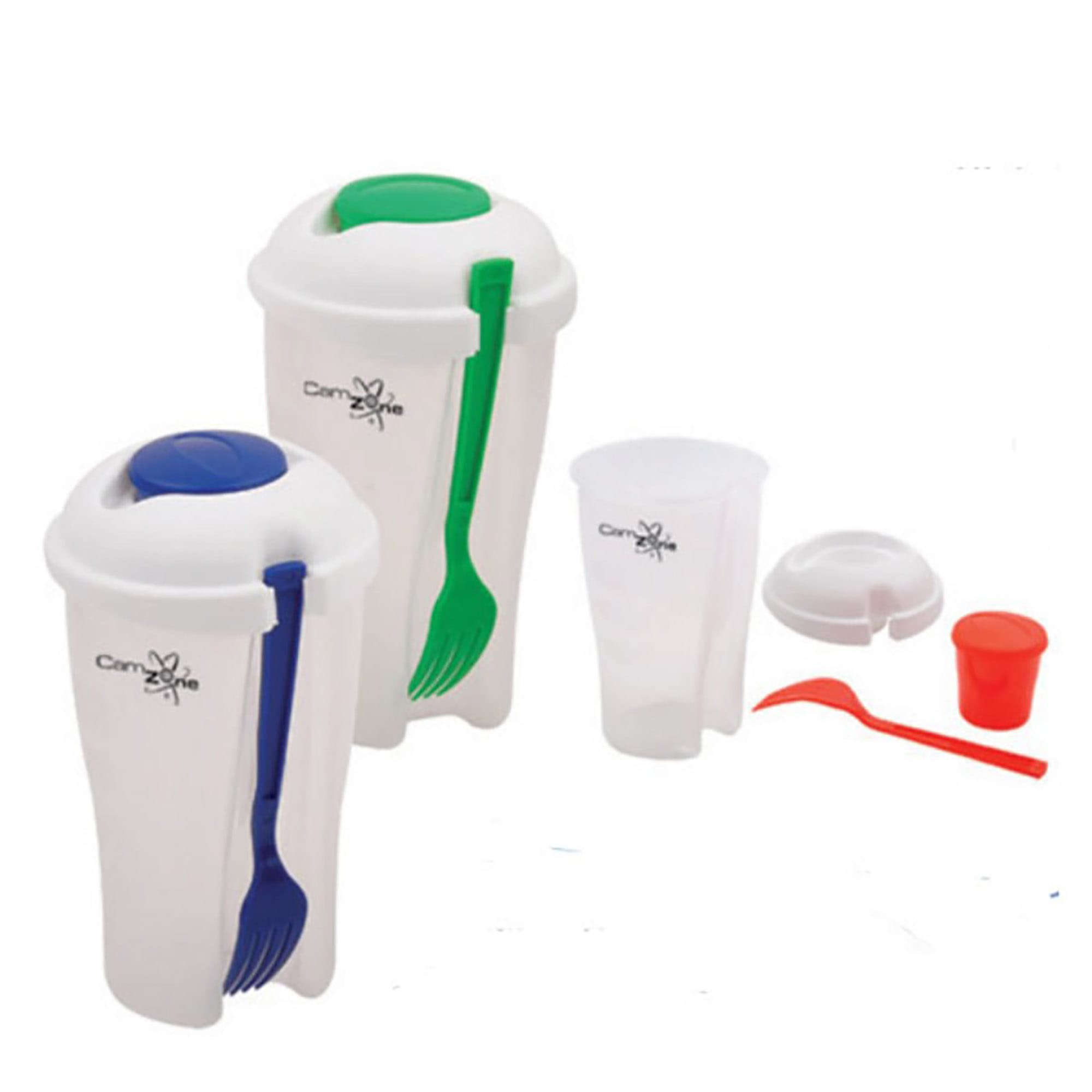 A drink bottle set featuring white containers with green and blue lids and forks, alongside a clear cup and red container. Salad Cup with Fork - Image 1